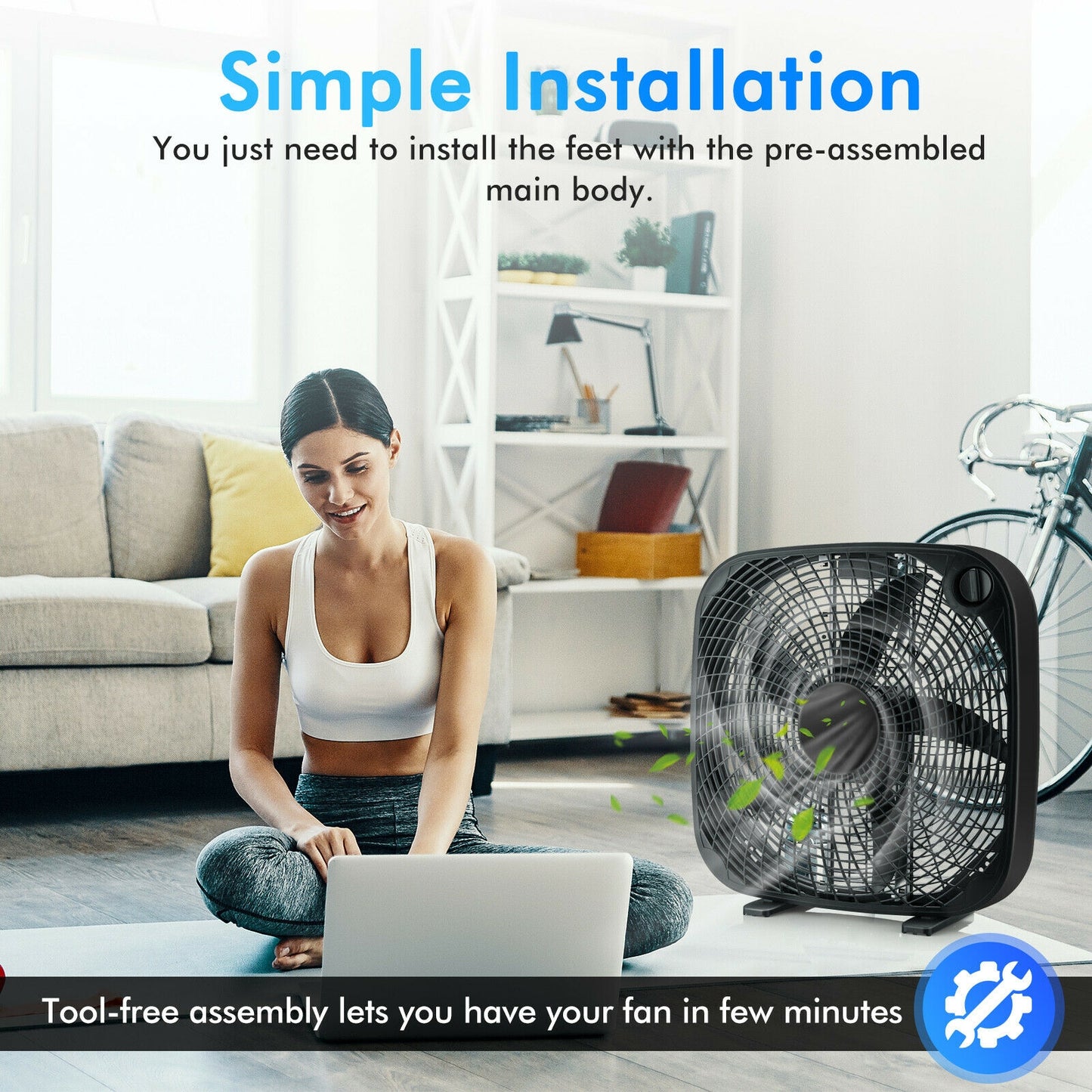20 Inch Box Portable Floor Fan with 3 Speed Settings and Knob Control-Black Kids Crystal