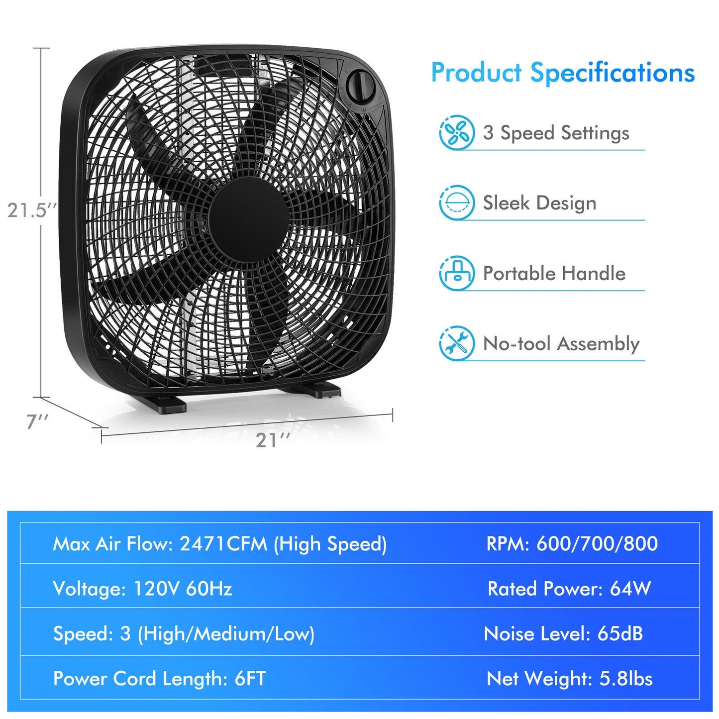 20 Inch Box Portable Floor Fan with 3 Speed Settings and Knob Control-Black Kids Crystal