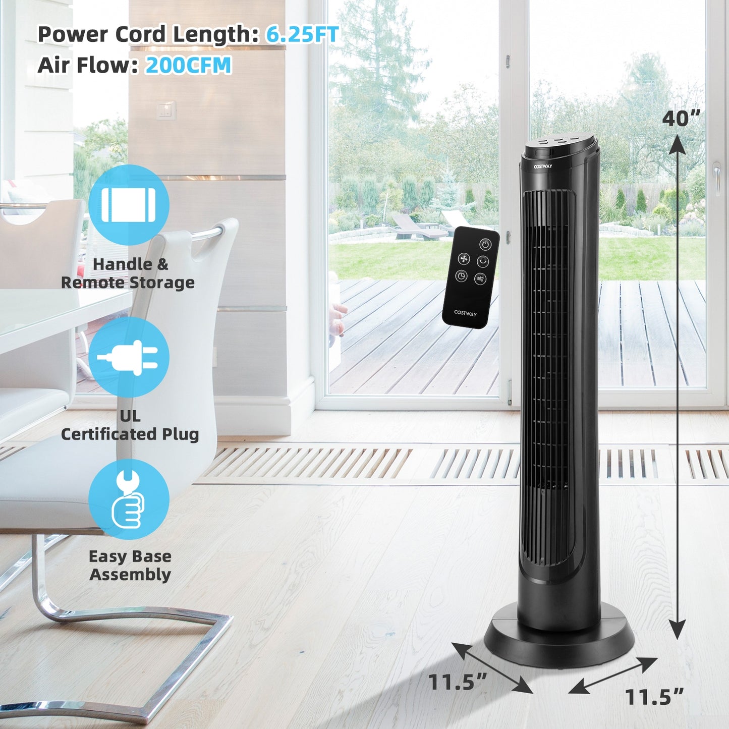 40 Inch Tower Fan with Remote 75? Oscillating Fan with 3 Wind Modes and 4 Wind Speeds-Black Kids Crystal