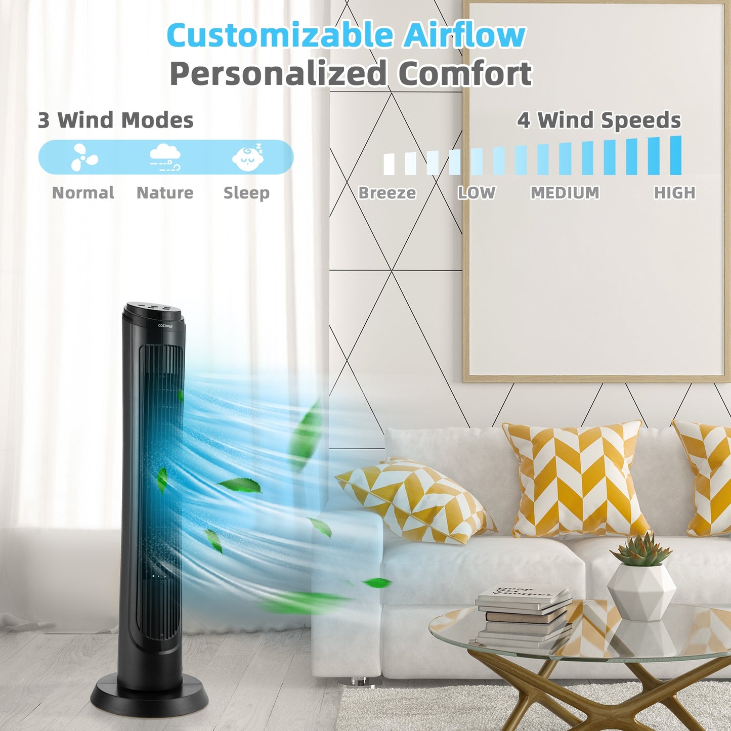 40 Inch Tower Fan with Remote 75? Oscillating Fan with 3 Wind Modes and 4 Wind Speeds-Black Kids Crystal