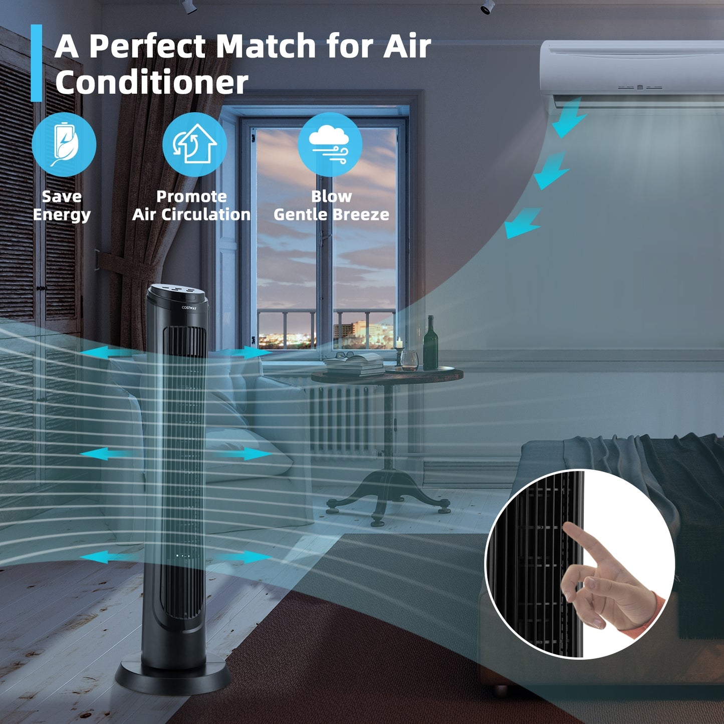 40 Inch Tower Fan with Remote 75? Oscillating Fan with 3 Wind Modes and 4 Wind Speeds-Black Kids Crystal