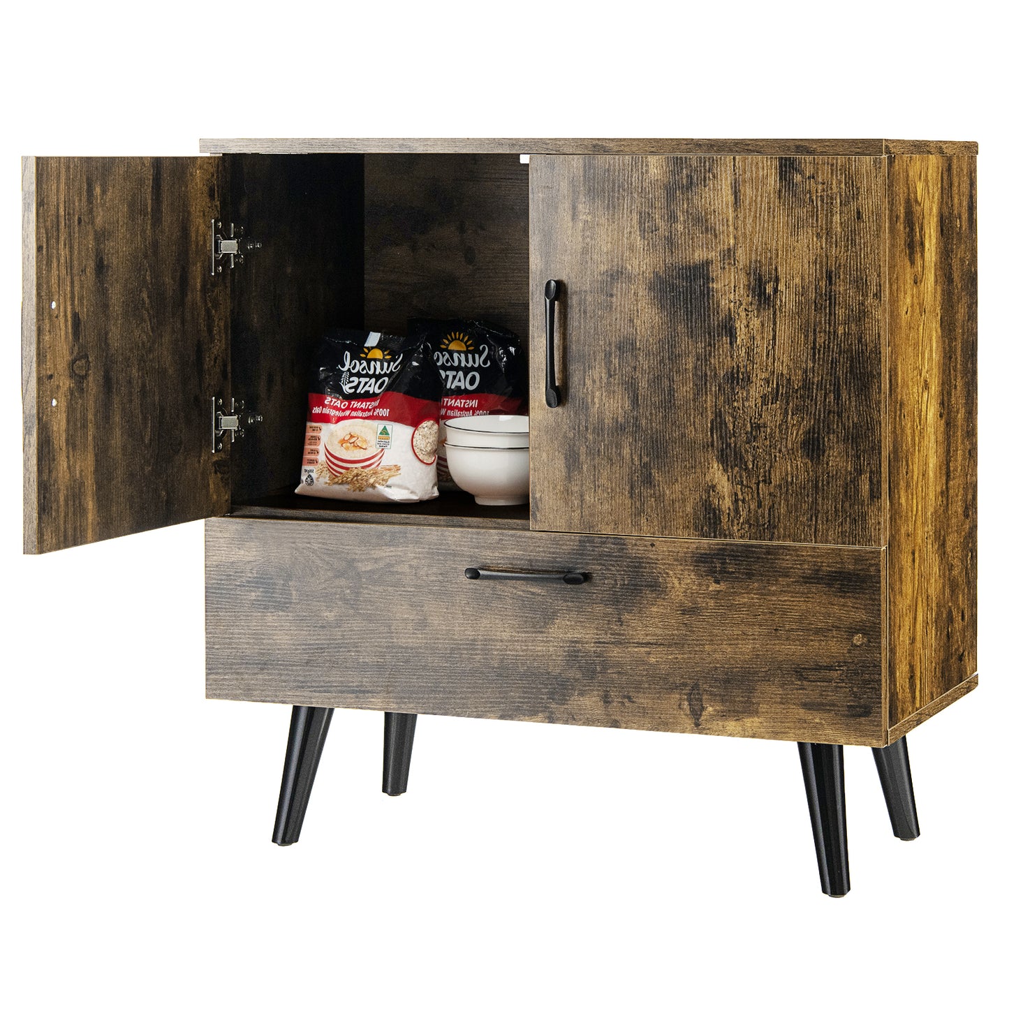 Mid Century Storage Cabinet with 2 Doors and 1 Pull-out Drawer-Rustic Brown Kids Crystal