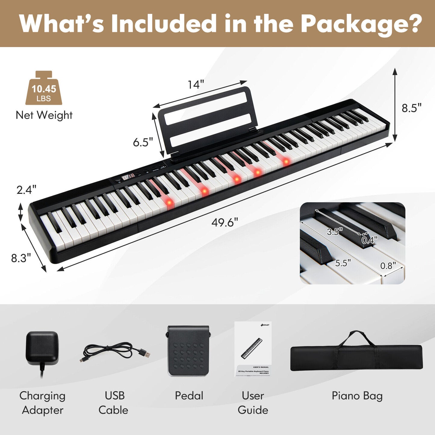 88-Key Portable Electric Lighted Keyboard Piano-Black Kids Crystal