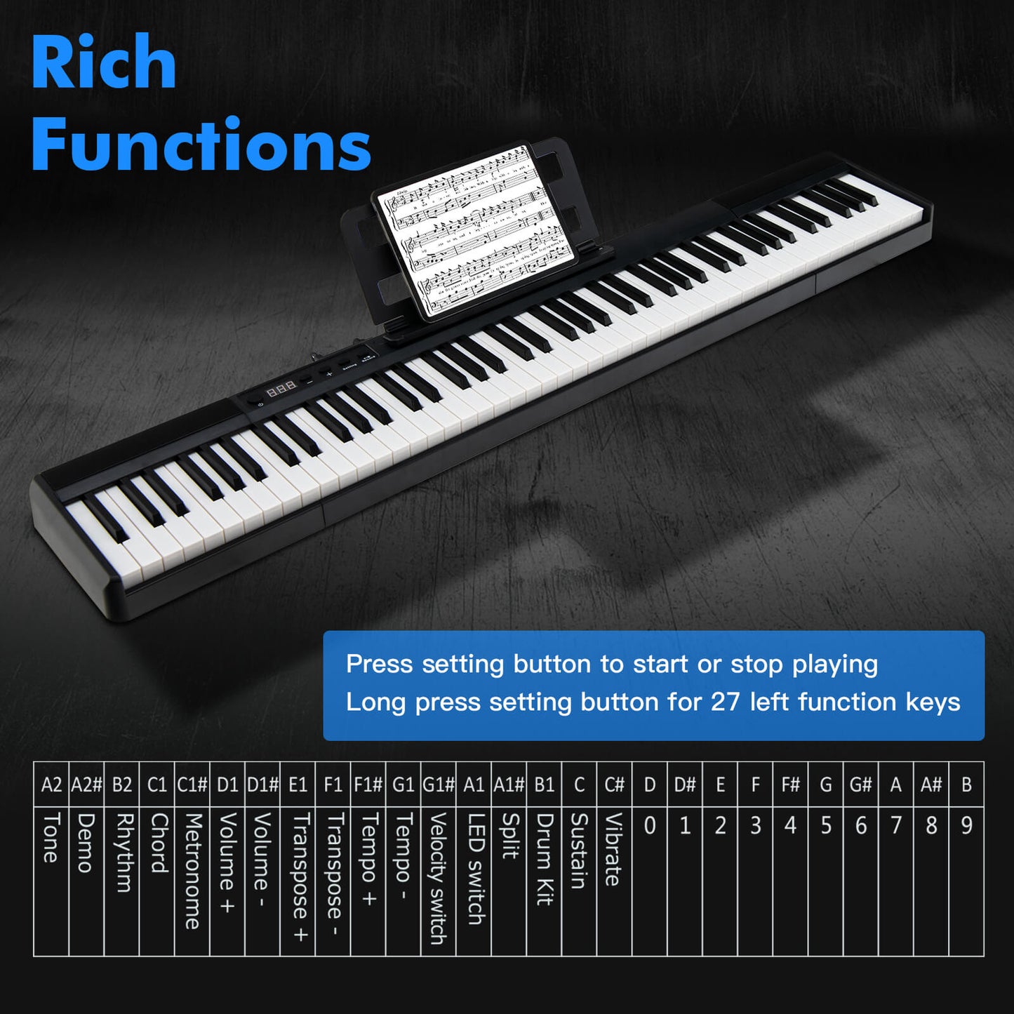 88-Key Portable Electric Lighted Keyboard Piano-Black Kids Crystal