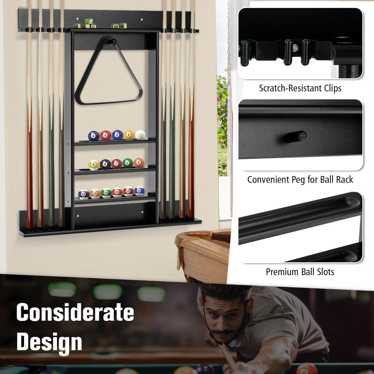Wall-mounted Billiards Pool Cue Rack Only-Black Kids Crystal