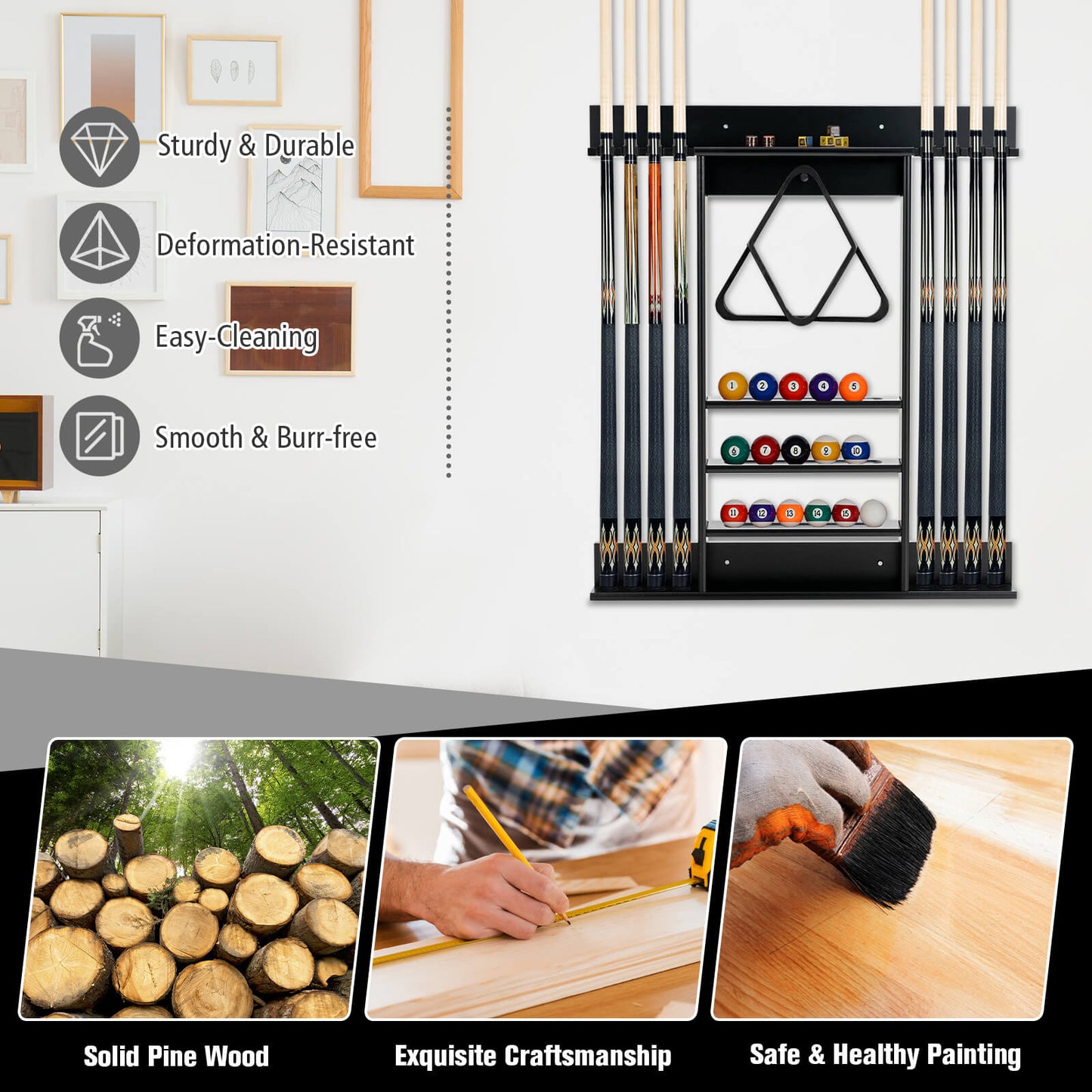 Wall-mounted Billiards Pool Cue Rack Only-Black Kids Crystal
