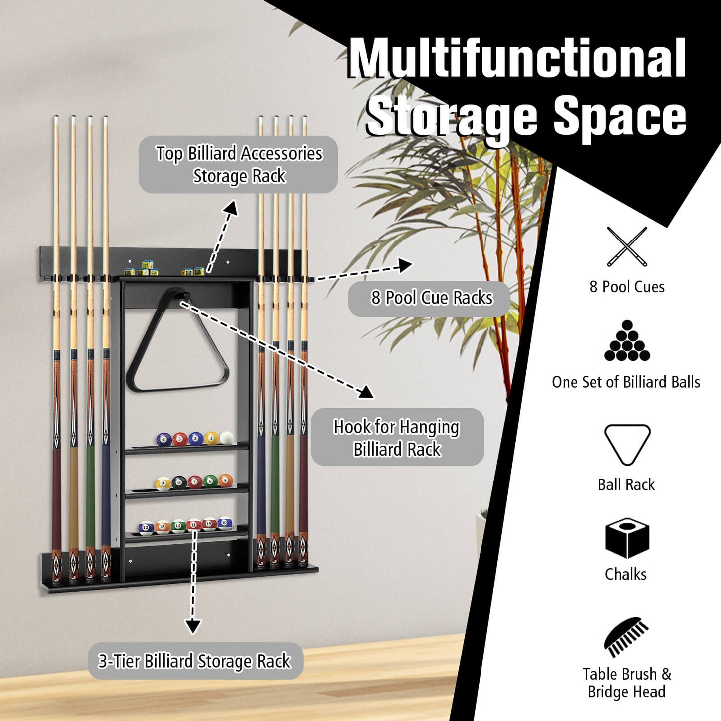 Wall-mounted Billiards Pool Cue Rack Only-Black Kids Crystal