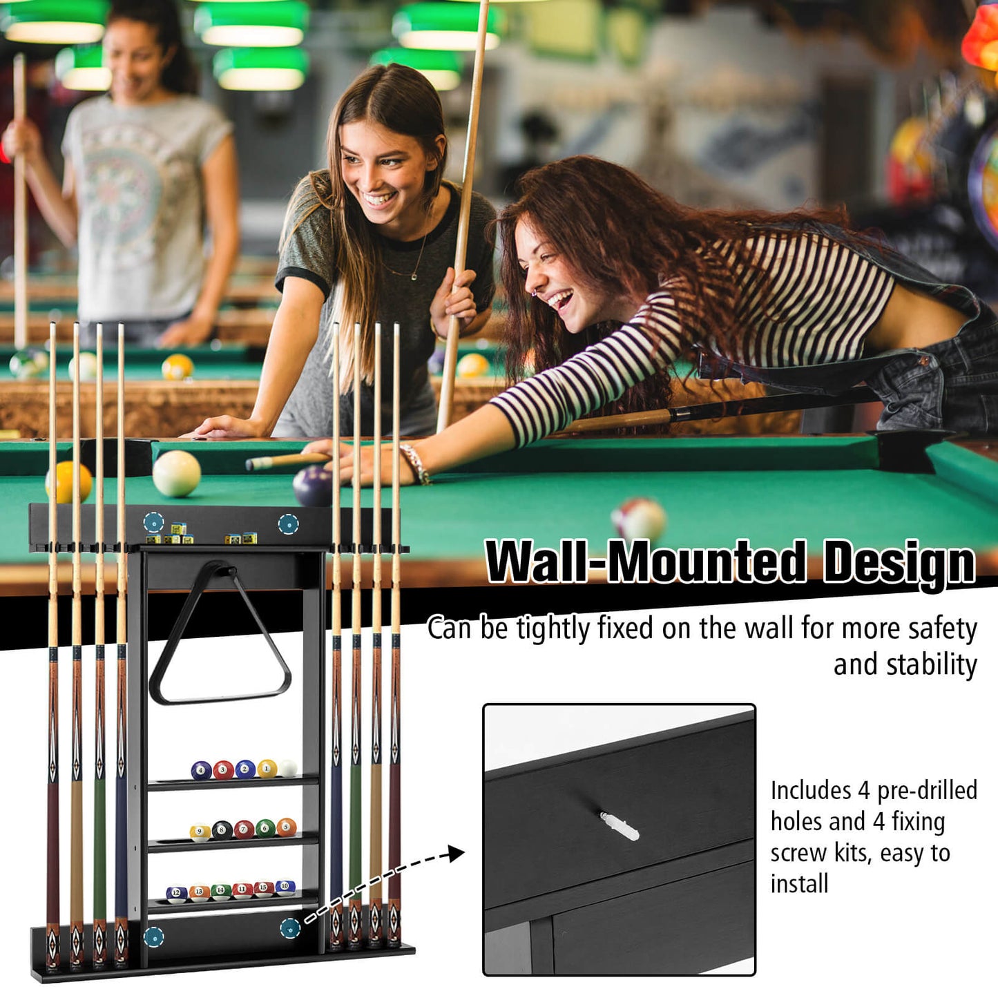Wall-mounted Billiards Pool Cue Rack Only-Black Kids Crystal