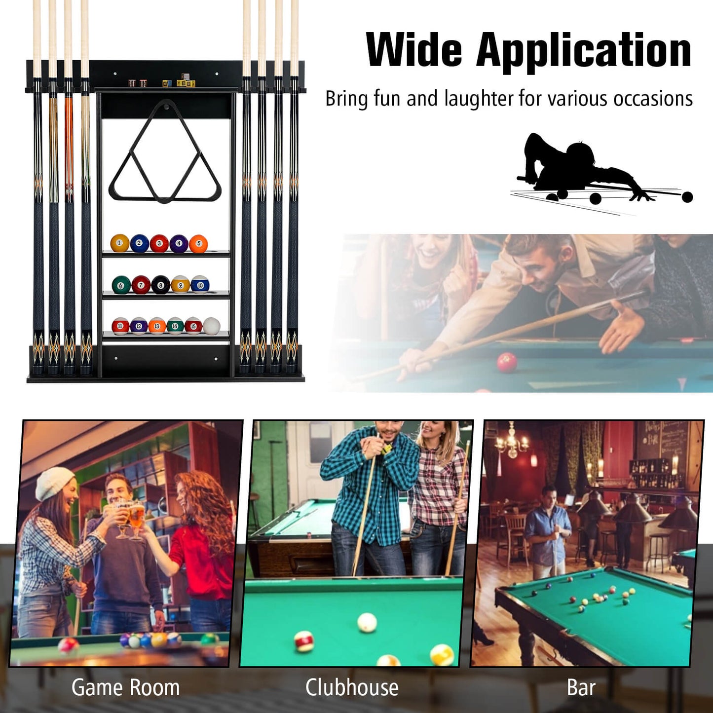 Wall-mounted Billiards Pool Cue Rack Only-Black Kids Crystal