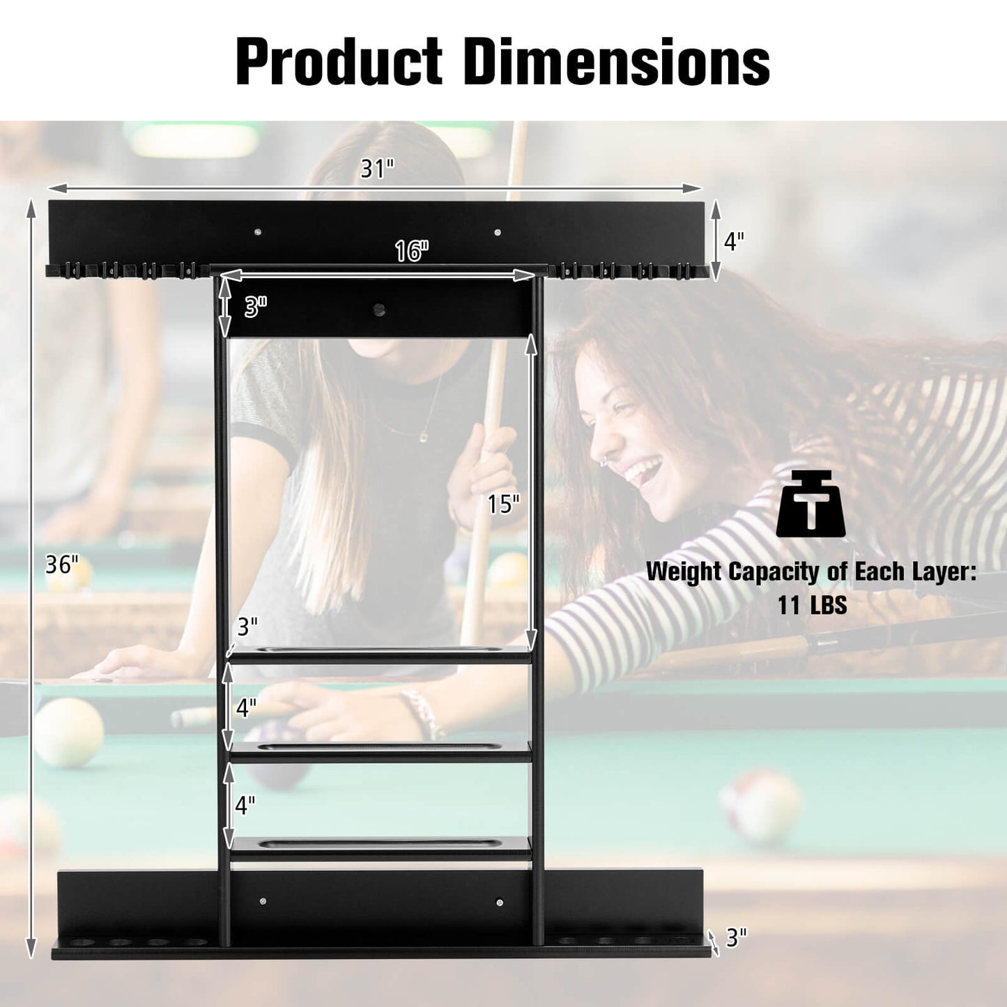 Wall-mounted Billiards Pool Cue Rack Only-Black Kids Crystal