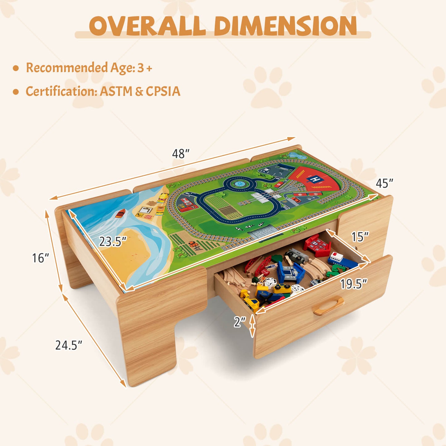 Kids Double-Sided Wooden Train Table Playset with Storage Drawer Kids Crystal