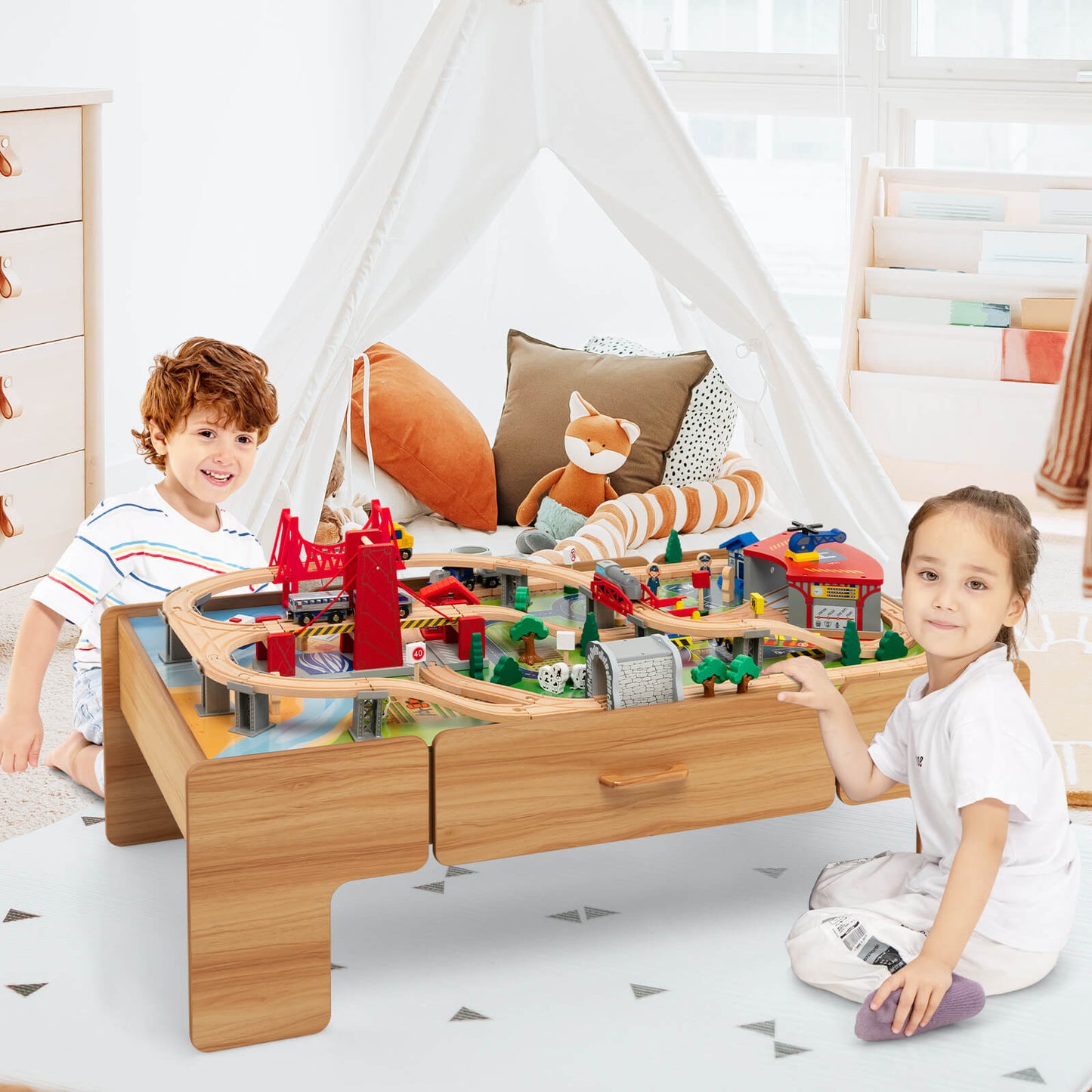 Kids Double-Sided Wooden Train Table Playset with Storage Drawer Kids Crystal