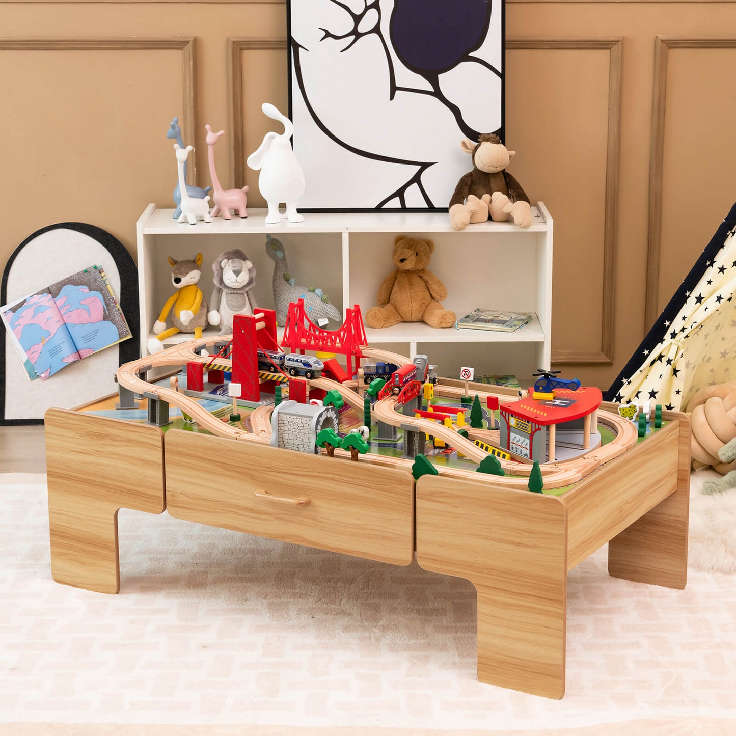 Kids Double-Sided Wooden Train Table Playset with Storage Drawer Kids Crystal