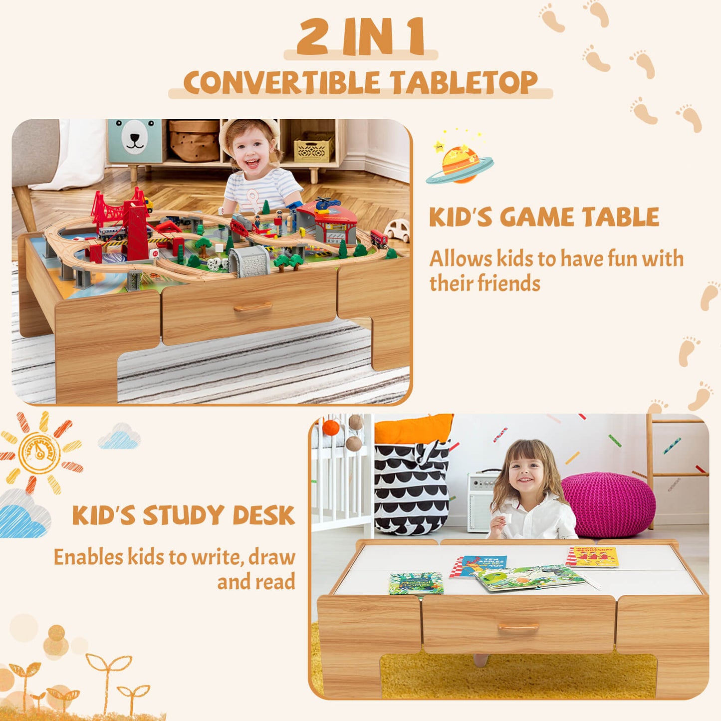Kids Double-Sided Wooden Train Table Playset with Storage Drawer Kids Crystal