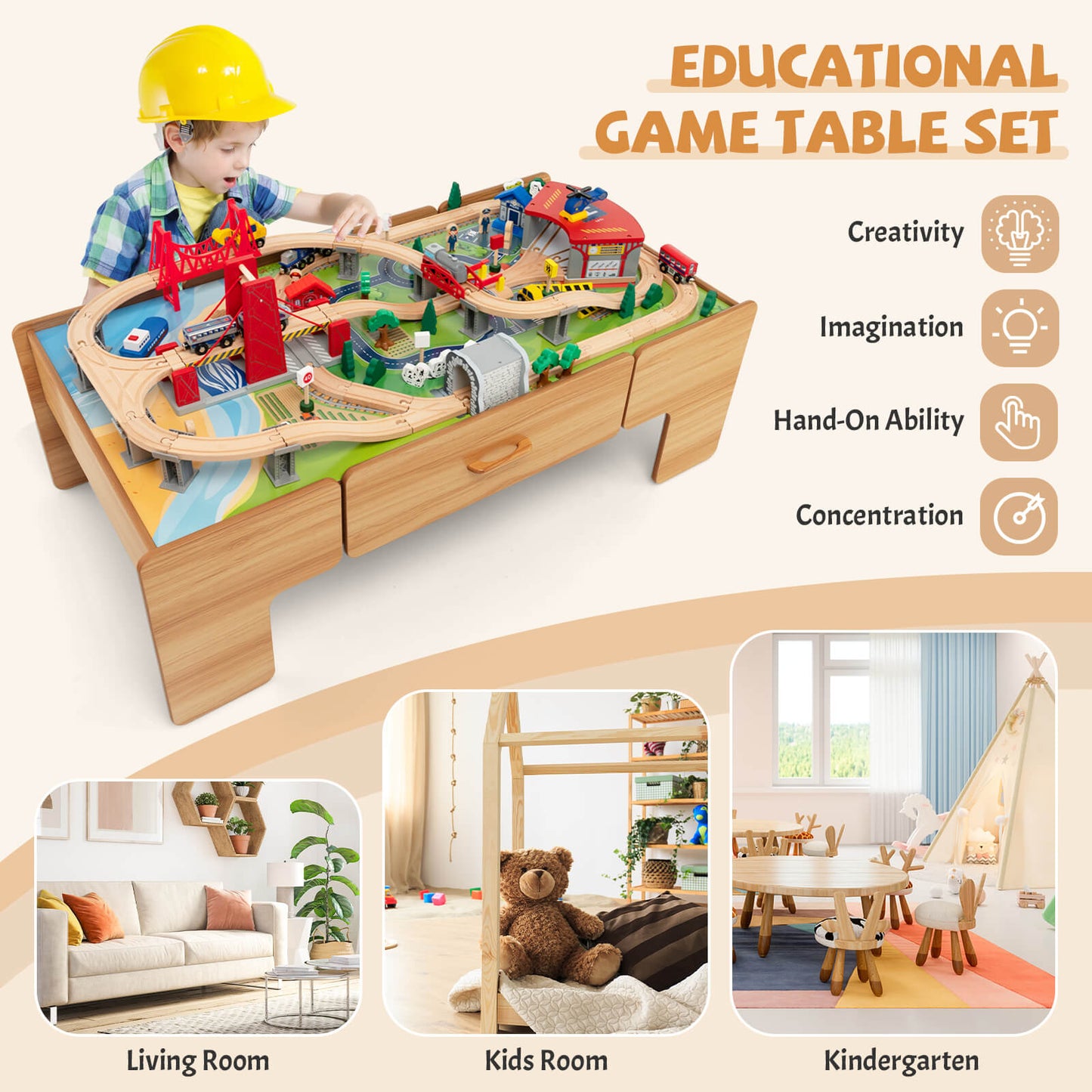 Kids Double-Sided Wooden Train Table Playset with Storage Drawer Kids Crystal