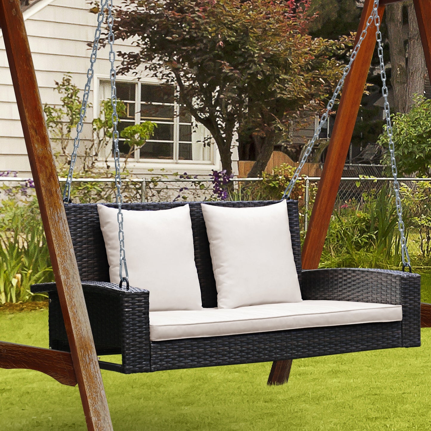 2-Person Patio Rattan Porch Swing with Cushions-White Kids Crystal
