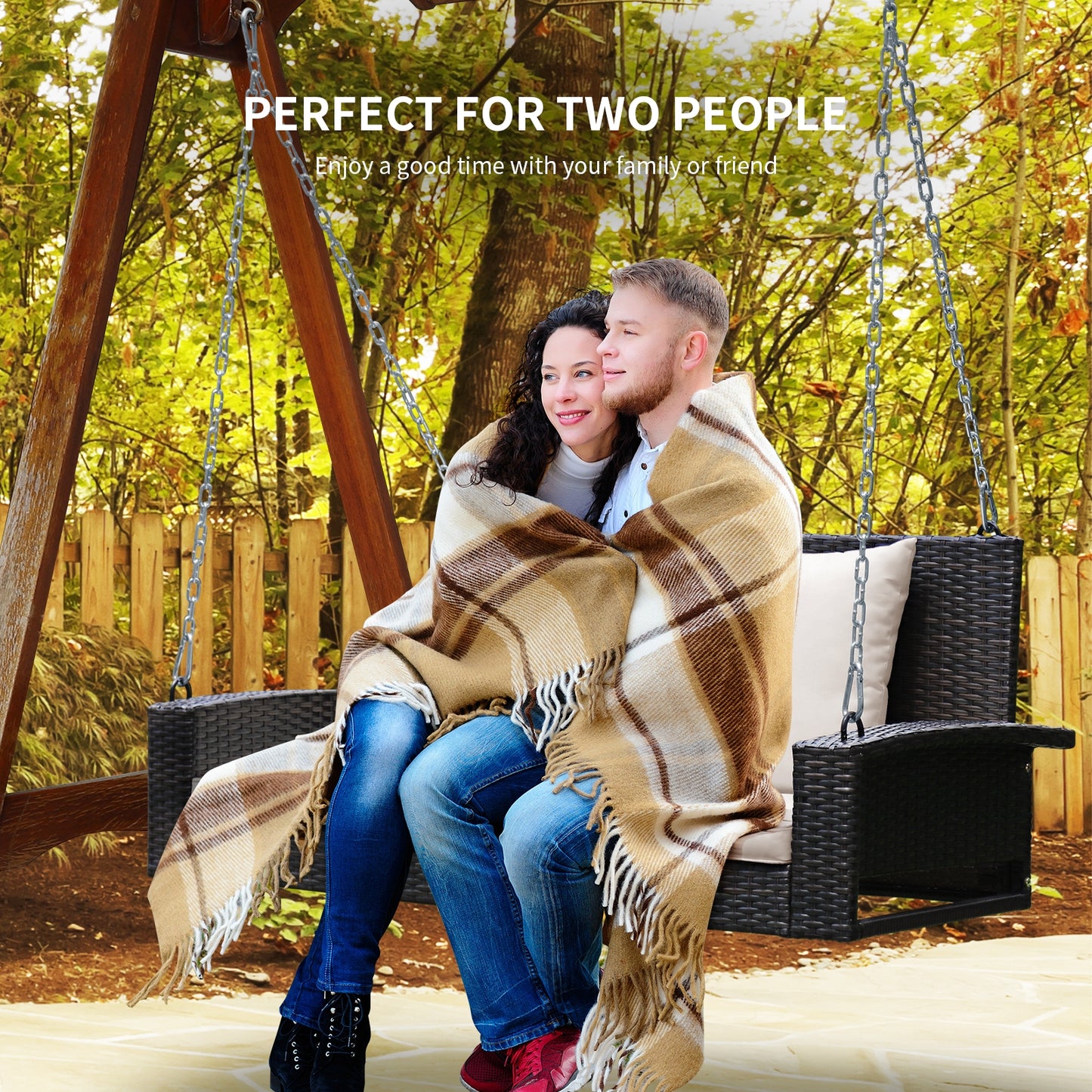 2-Person Patio Rattan Porch Swing with Cushions-White Kids Crystal