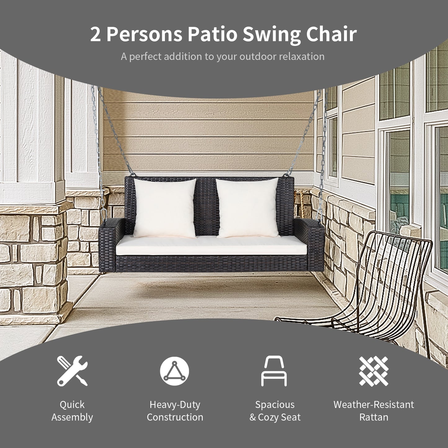 2-Person Patio Rattan Porch Swing with Cushions-White Kids Crystal