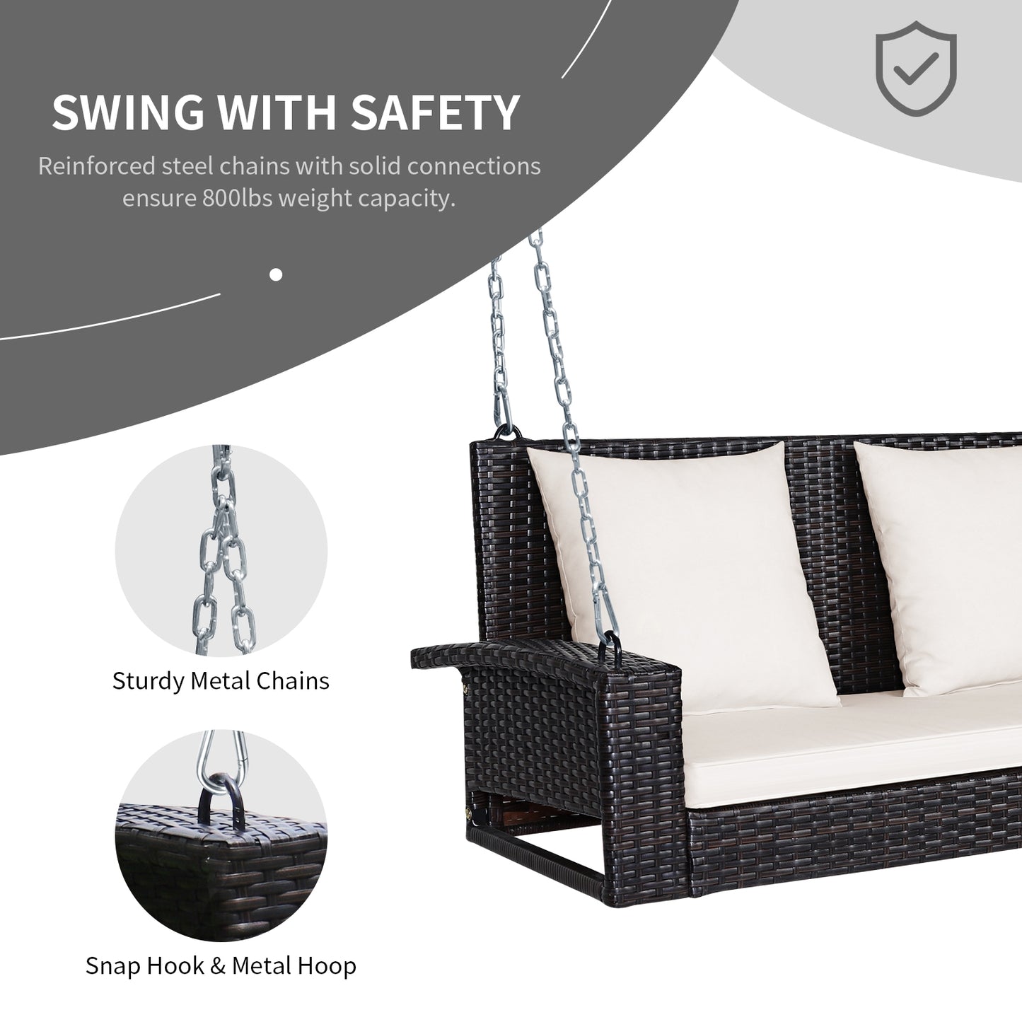 2-Person Patio Rattan Porch Swing with Cushions-White Kids Crystal
