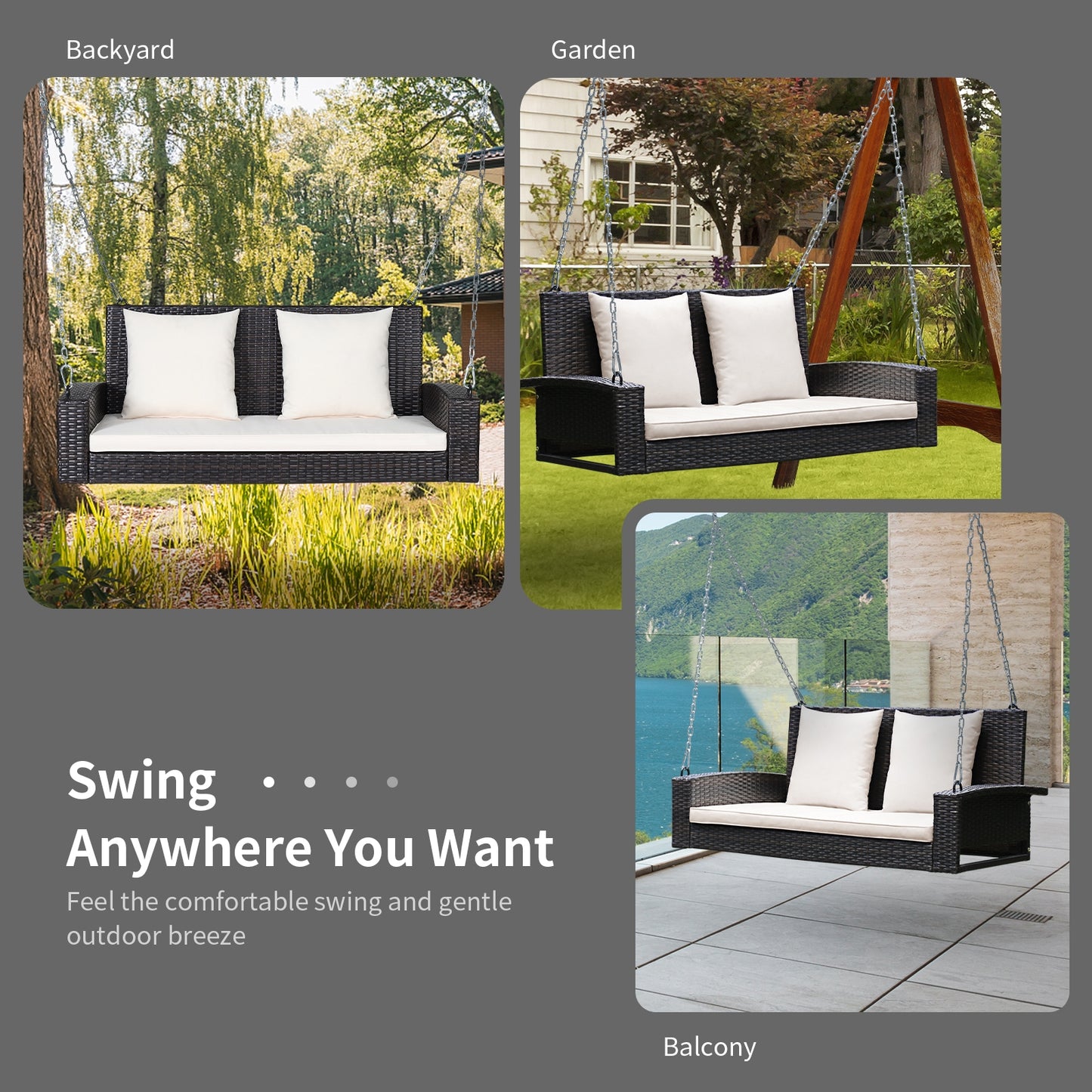 2-Person Patio Rattan Porch Swing with Cushions-White Kids Crystal