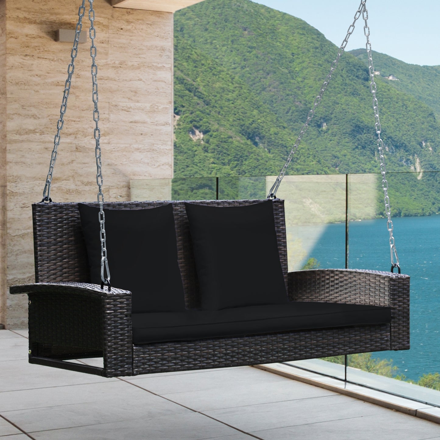2-Person Patio Rattan Porch Swing with Cushions-Black Kids Crystal