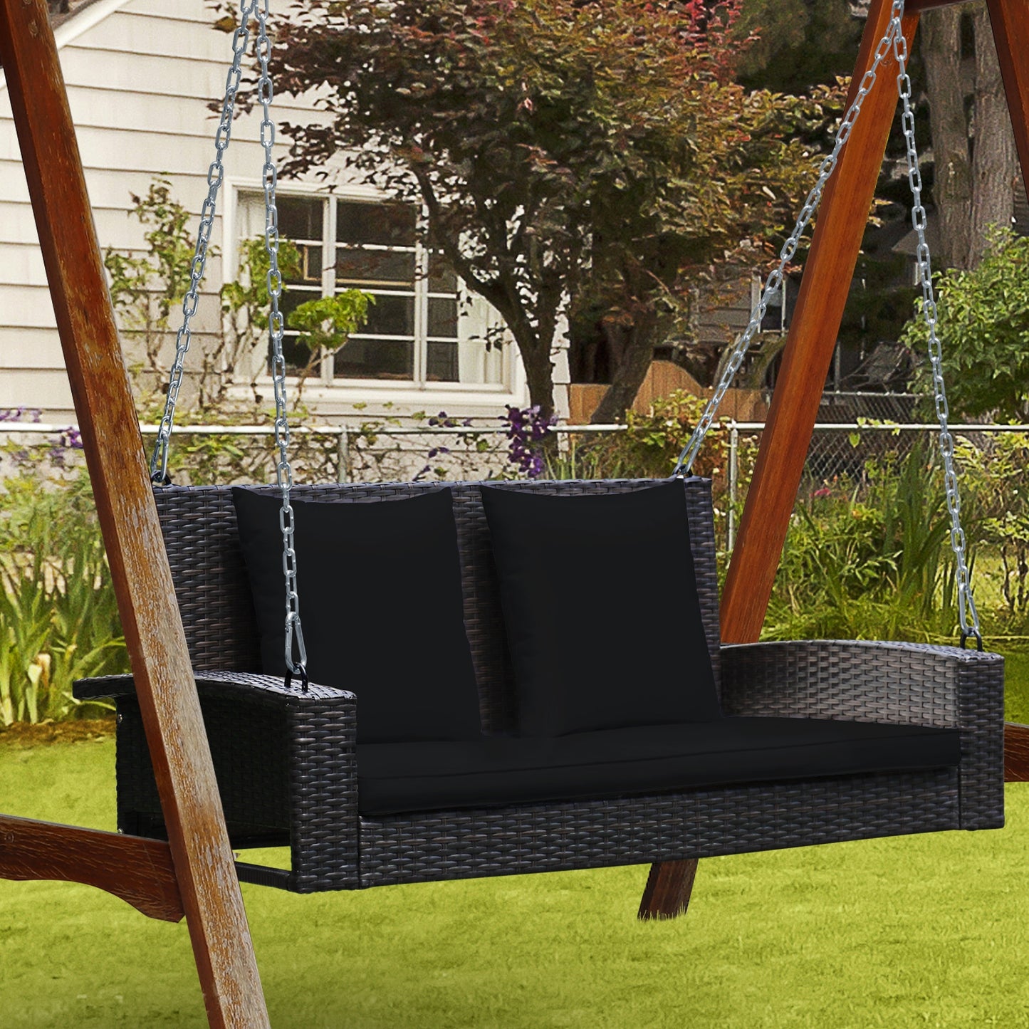 2-Person Patio Rattan Porch Swing with Cushions-Black Kids Crystal