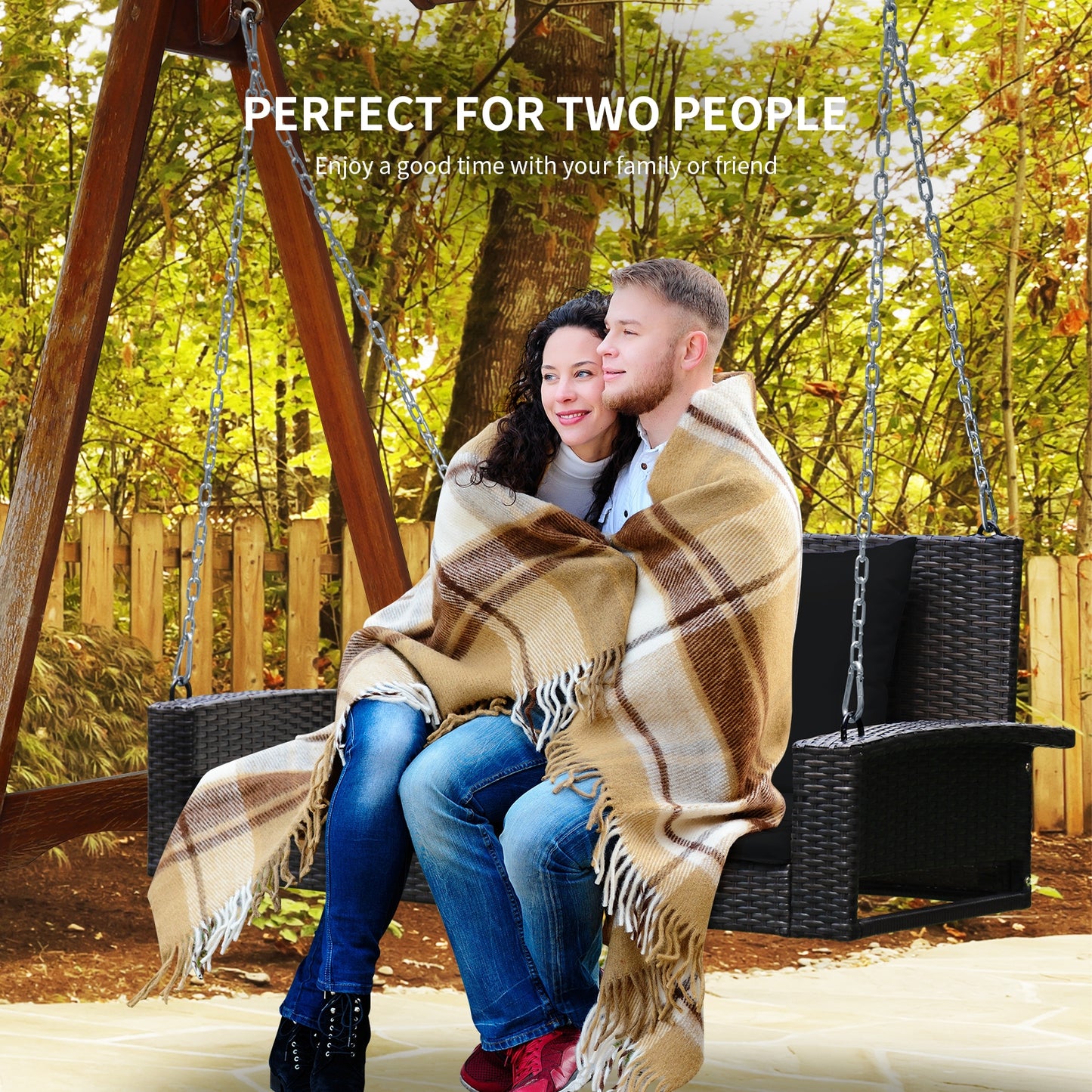 2-Person Patio Rattan Porch Swing with Cushions-Black Kids Crystal