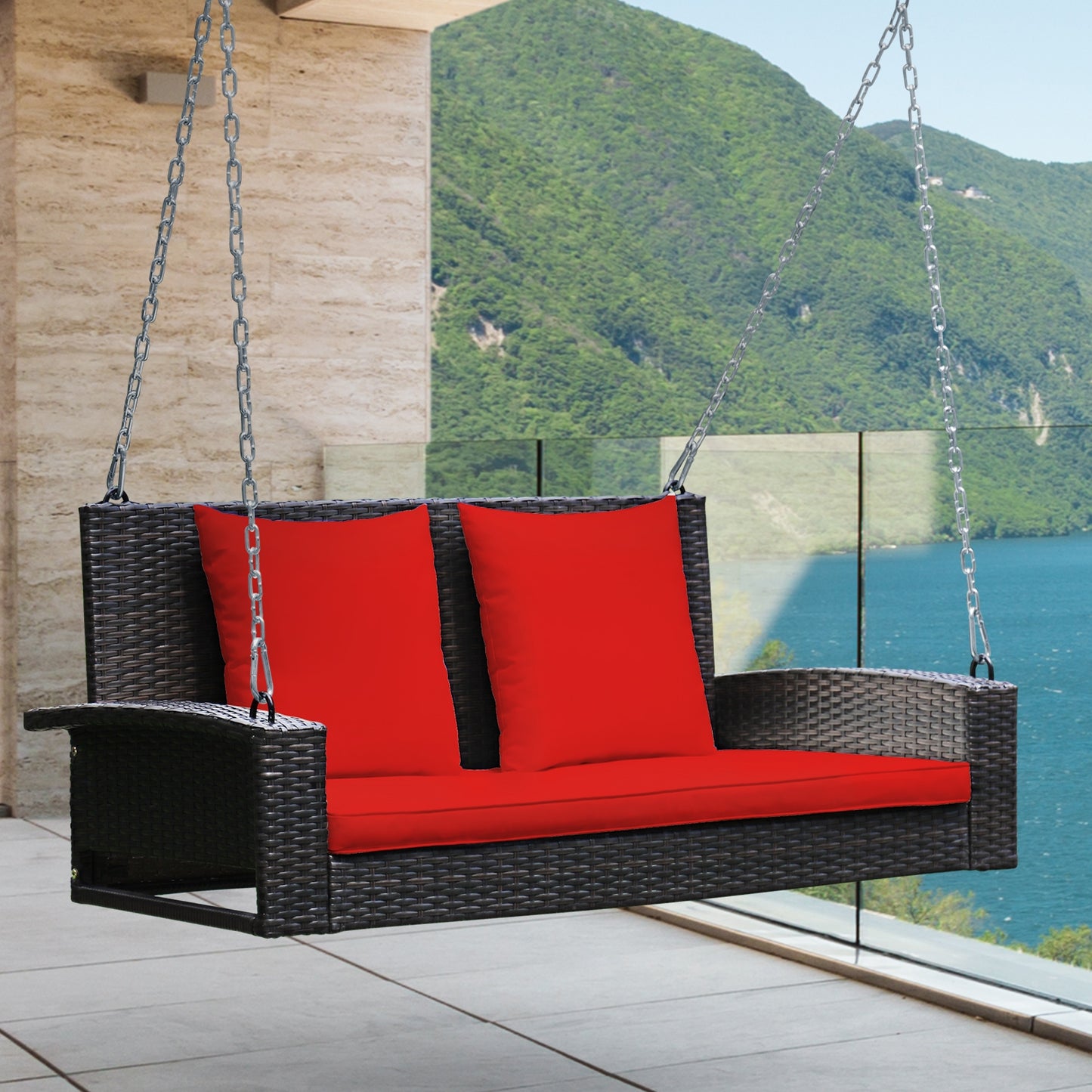 2-Person Patio Rattan Porch Swing with Cushions-Red Kids Crystal