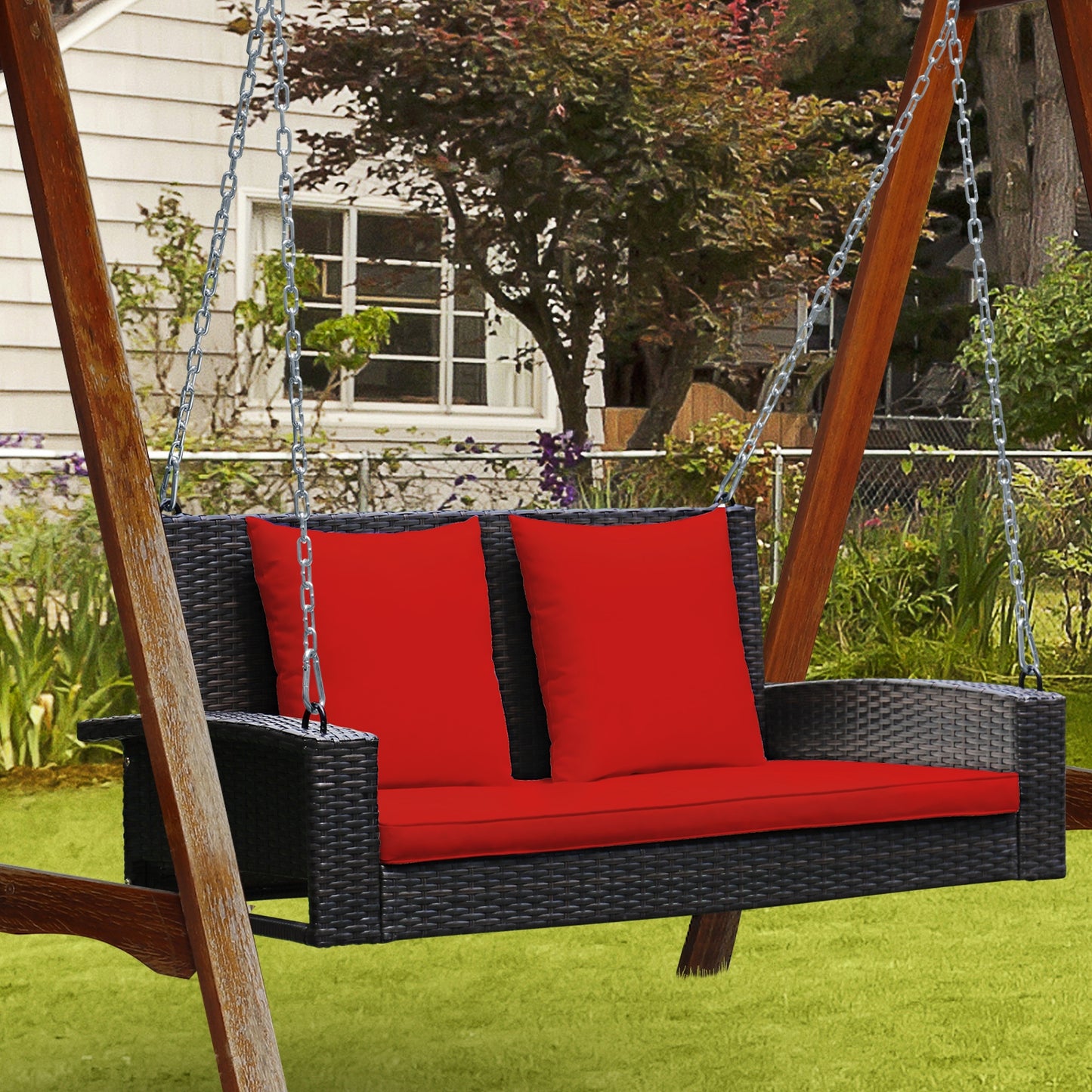 2-Person Patio Rattan Porch Swing with Cushions-Red Kids Crystal