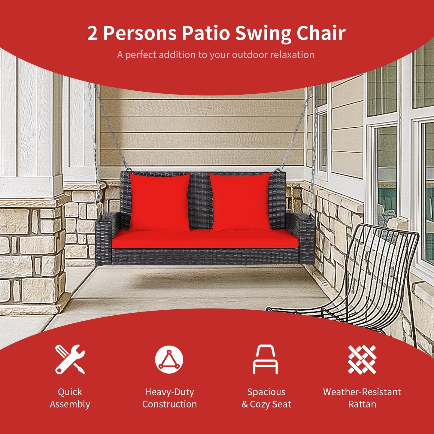 2-Person Patio Rattan Porch Swing with Cushions-Red Kids Crystal