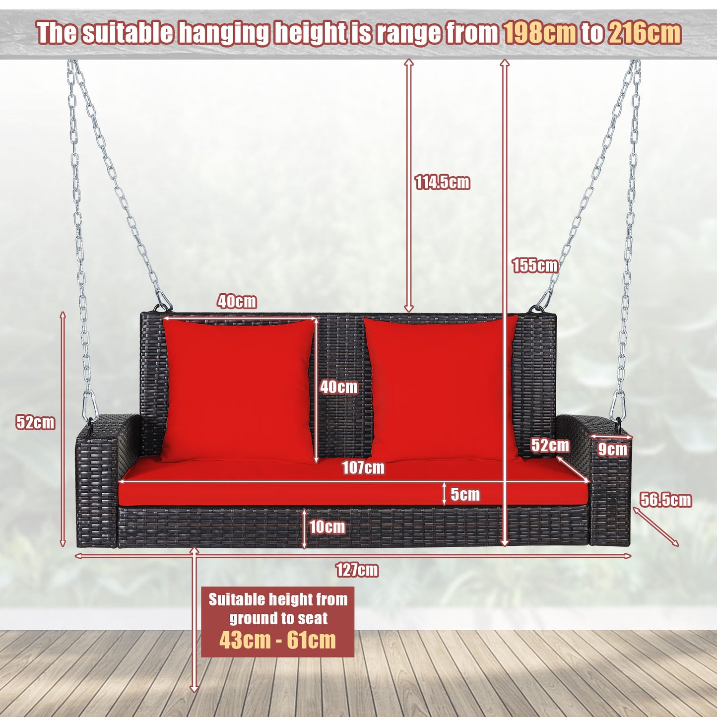2-Person Patio Rattan Porch Swing with Cushions-Red Kids Crystal