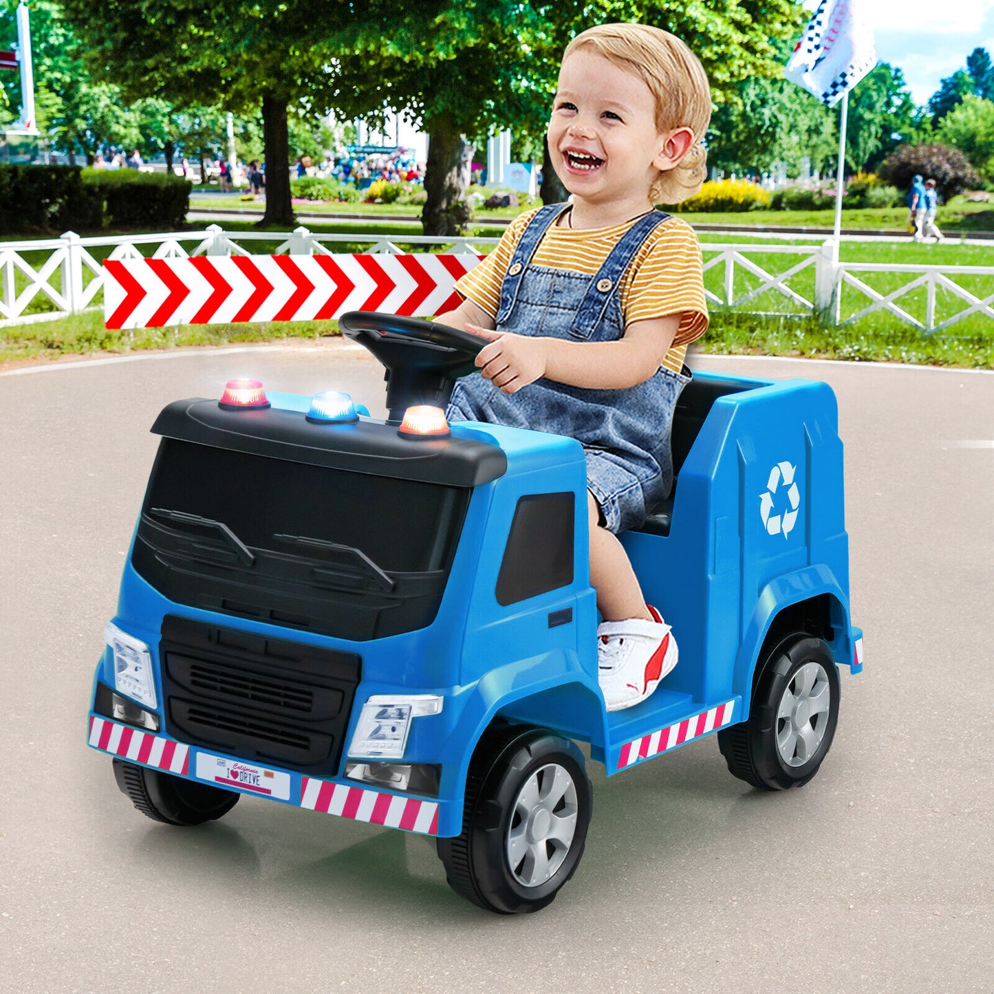 12V Kids Ride-on Garbage Truck with Warning Lights and 6 Recycling Accessories-Blue