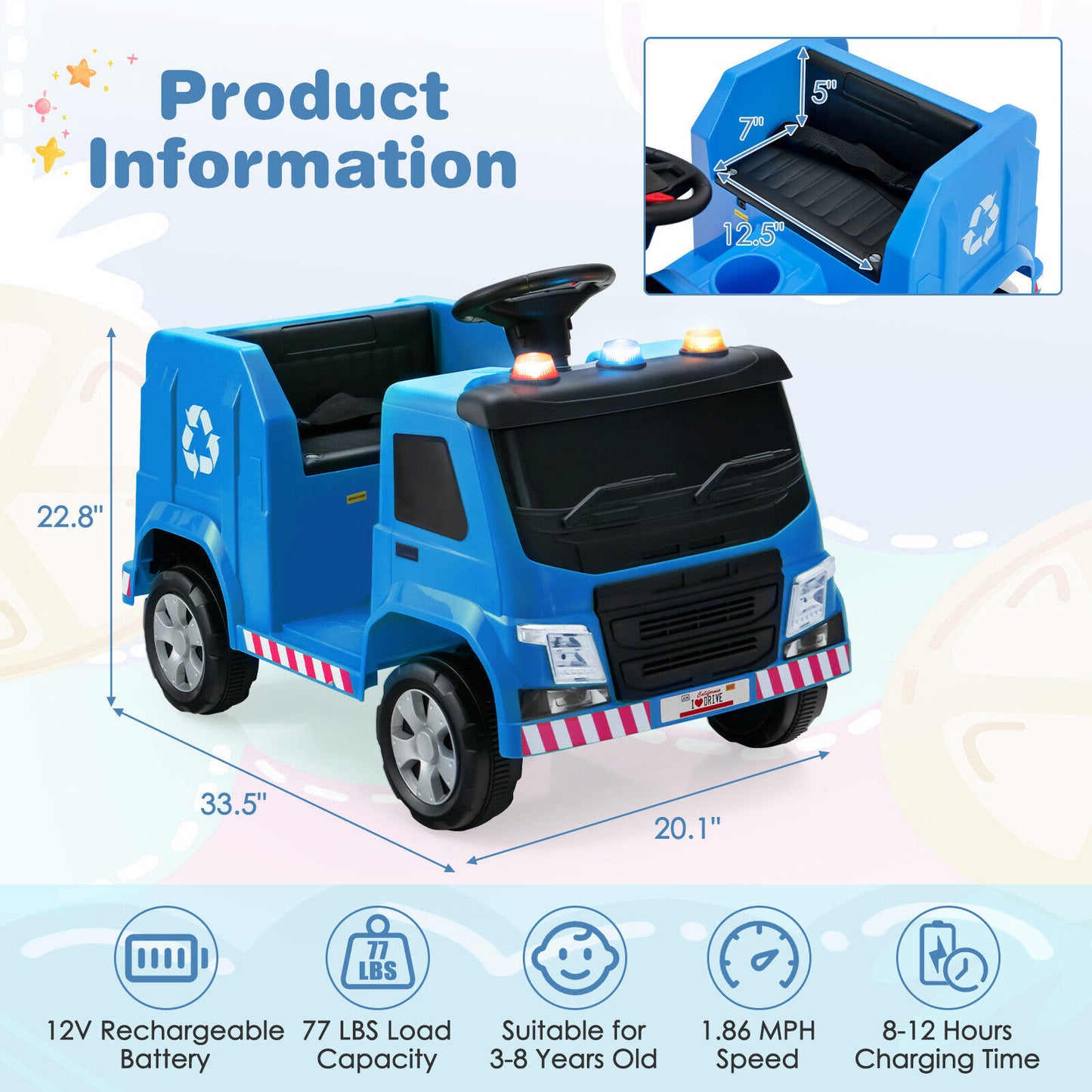 12V Kids Ride-on Garbage Truck with Warning Lights and 6 Recycling Accessories-Blue