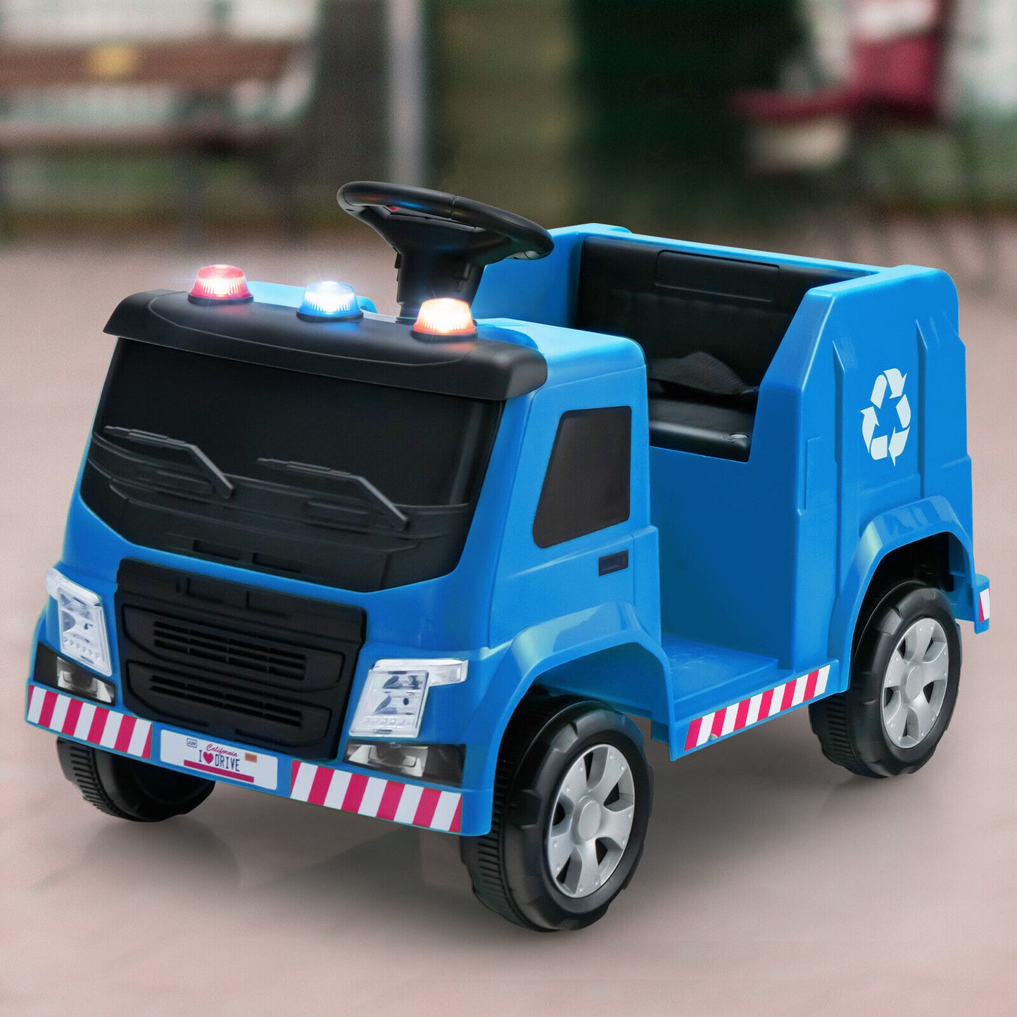 12V Kids Ride-on Garbage Truck with Warning Lights and 6 Recycling Accessories-Blue