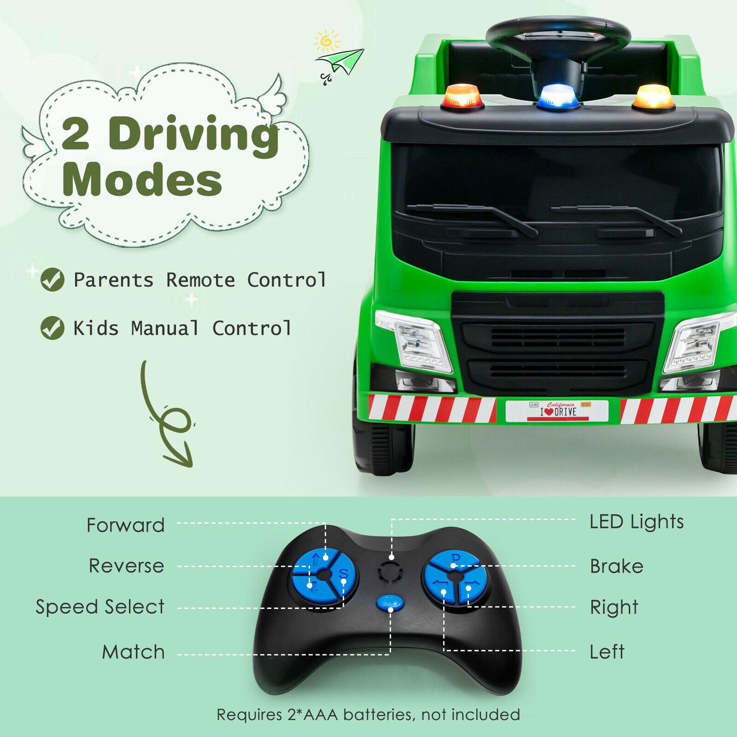 12V Kids Ride-on Garbage Truck with Warning Lights and 6 Recycling Accessories-Green