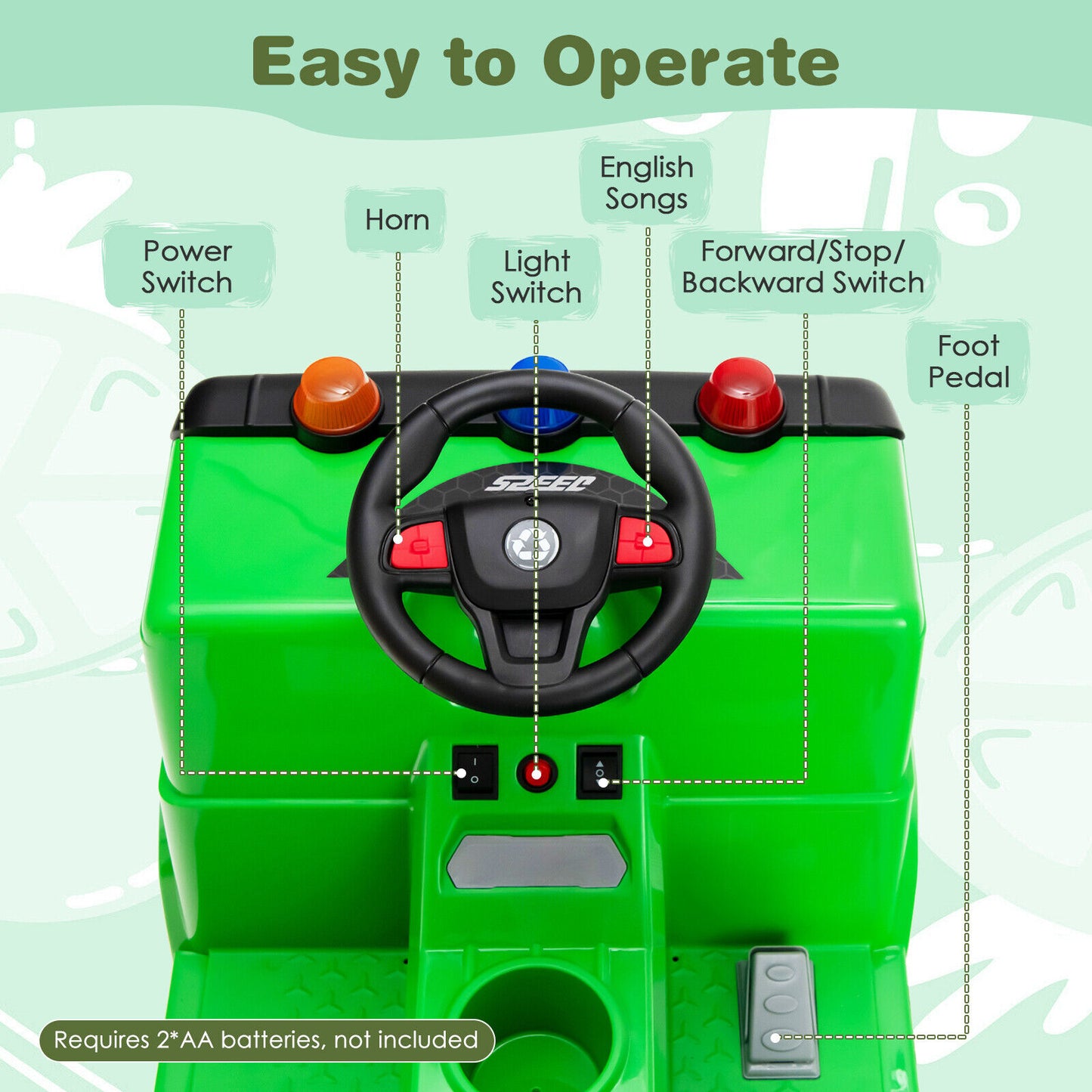 12V Kids Ride-on Garbage Truck with Warning Lights and 6 Recycling Accessories-Green Kids Crystal