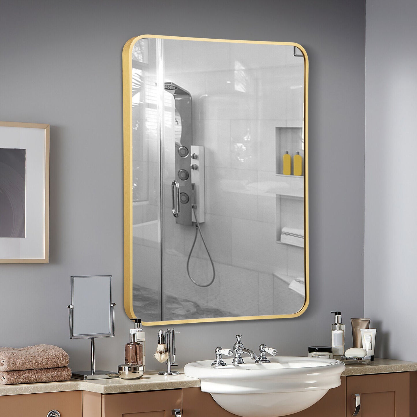 Metal Framed Bathroom Mirror with Rounded Corners-Golden Kids Crystal