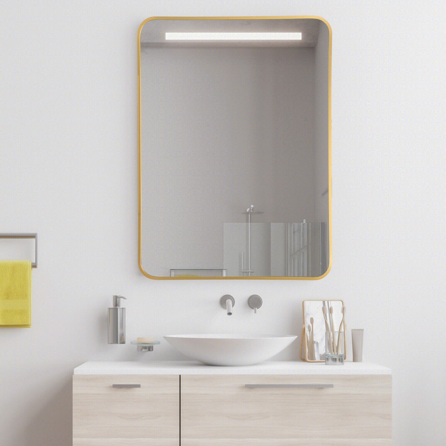 Metal Framed Bathroom Mirror with Rounded Corners-Golden Kids Crystal