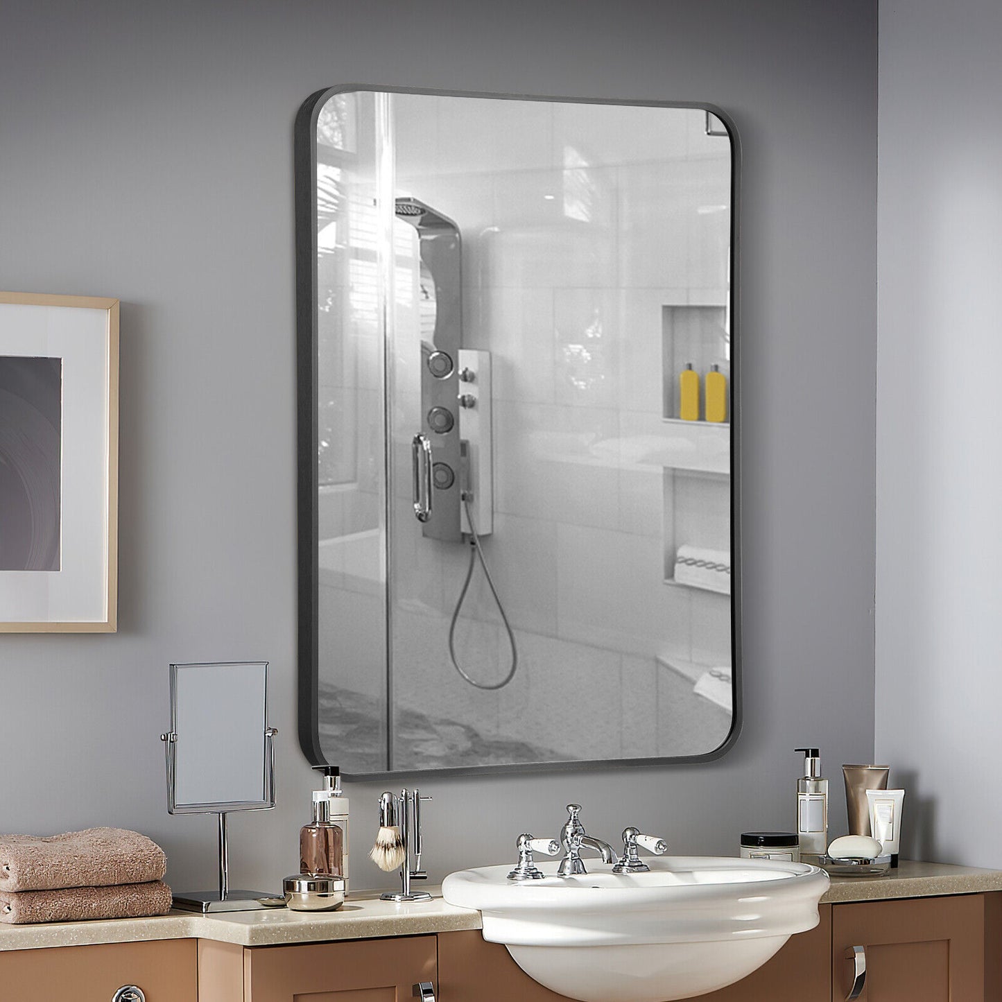 Metal Framed Bathroom Mirror with Rounded Corners-Black Kids Crystal