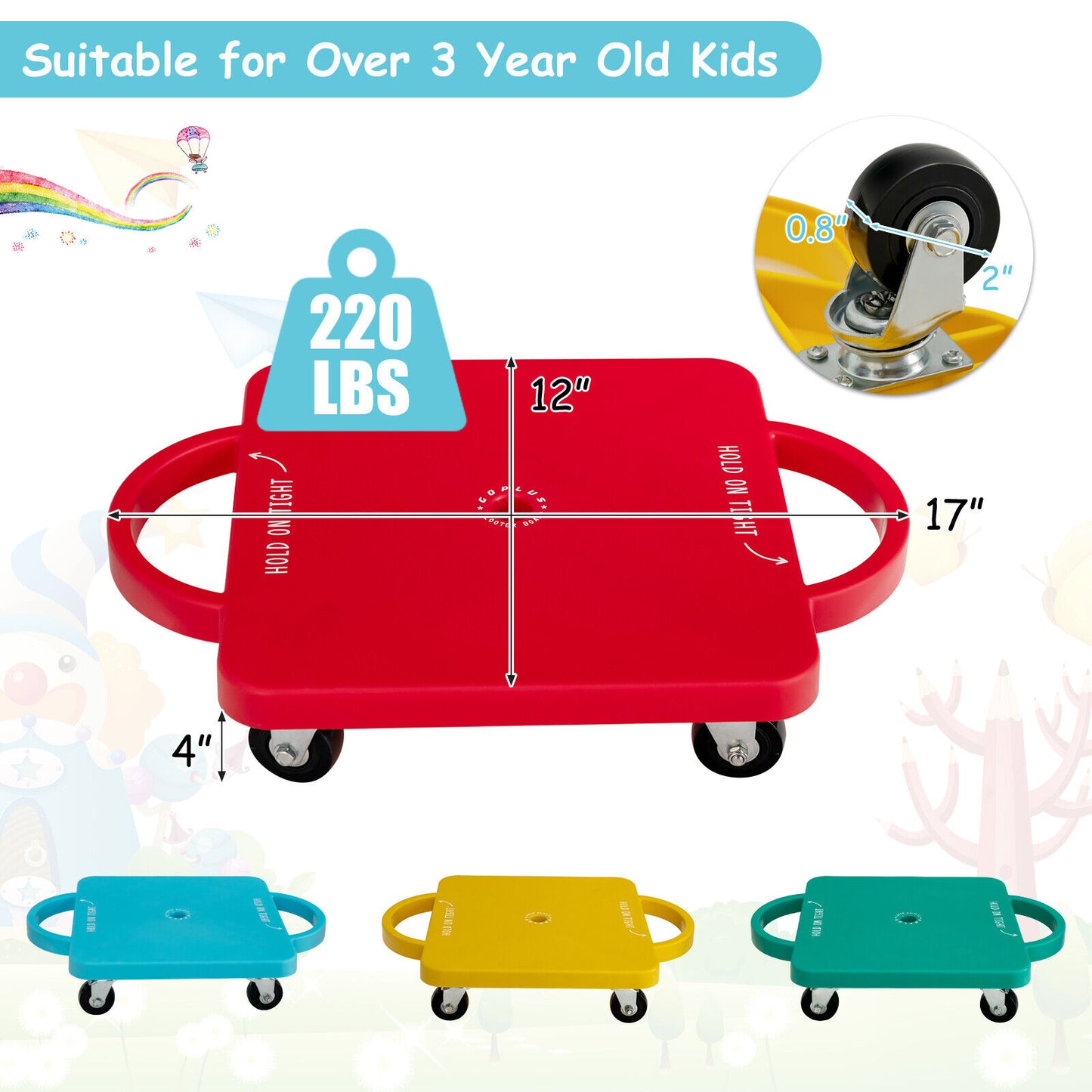 4 Pieces Kids Sitting Scooter Set with Handles and Non-marring Universal Casters-Multicolor Kids Crystal