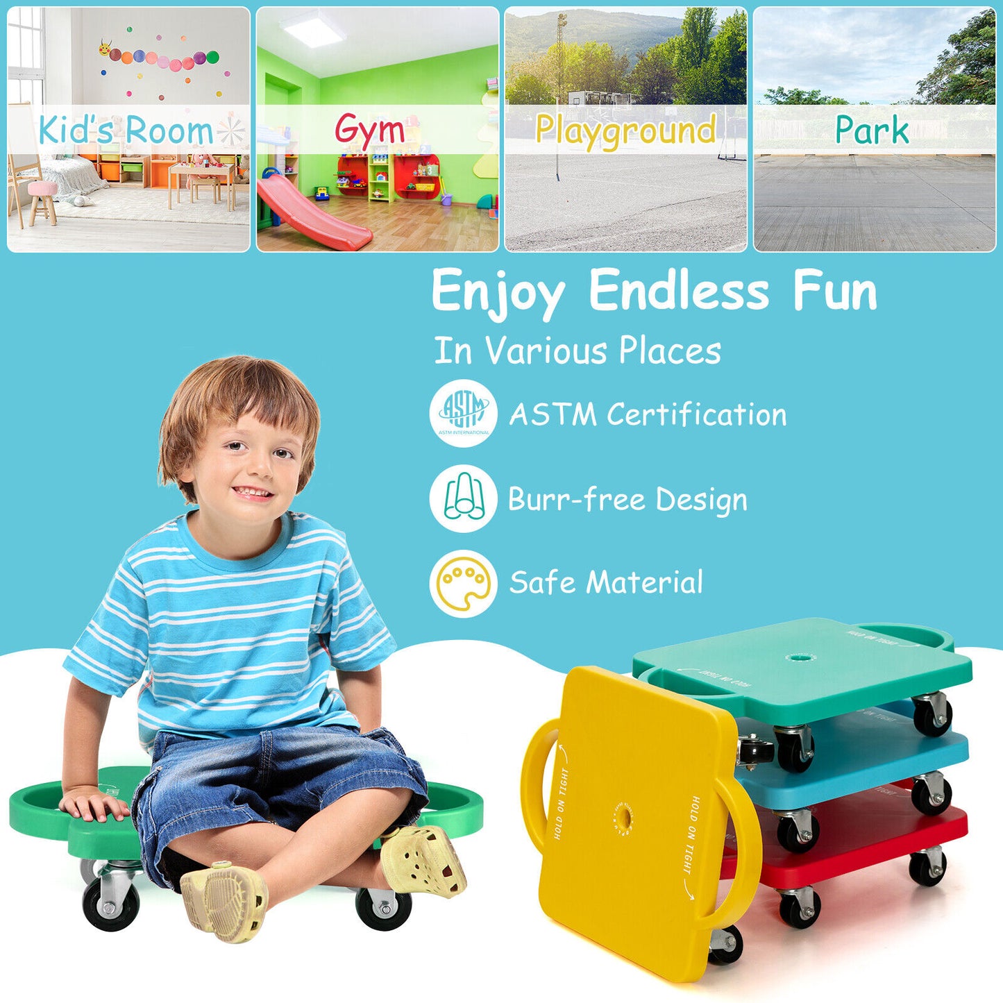 4 Pieces Kids Sitting Scooter Set with Handles and Non-marring Universal Casters-Multicolor Kids Crystal