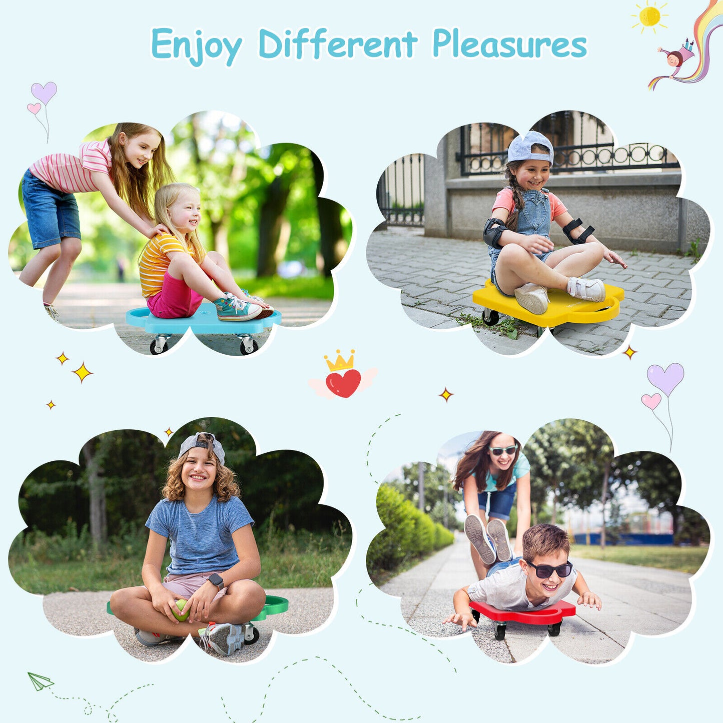 4 Pieces Kids Sitting Scooter Set with Handles and Non-marring Universal Casters-Multicolor Kids Crystal