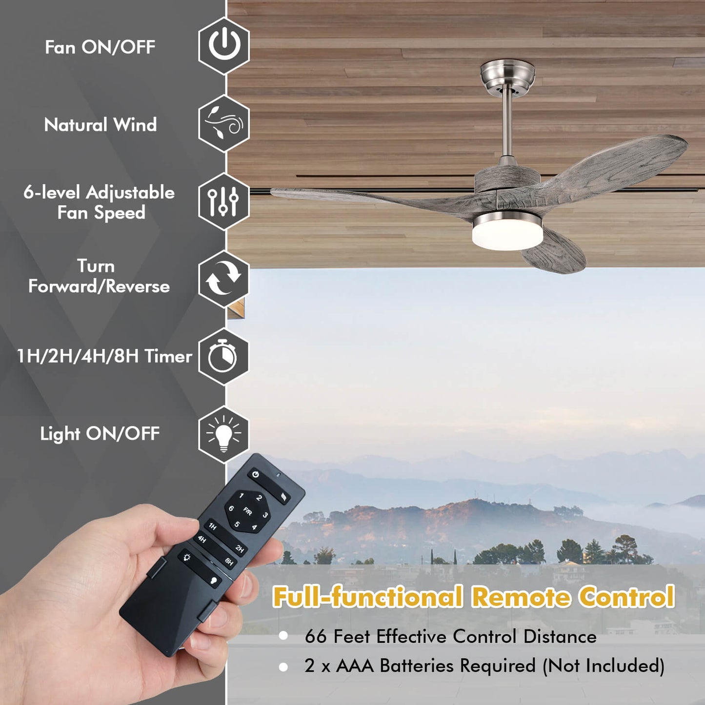 48 Inch Wood Ceiling Fan with LED Lights and 6 Speed Levels-Silver Kids Crystal