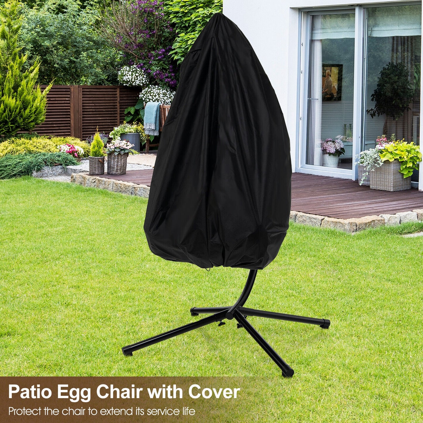 Patio Hanging Egg Chair with Stand Waterproof Cover and Folding Basket-Brown Kids Crystal