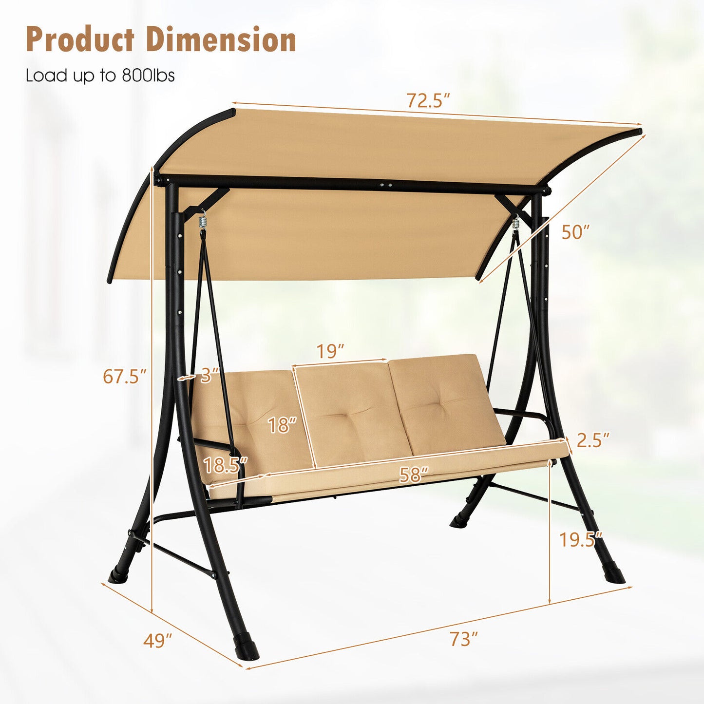 3-Seat Outdoor Porch Swing with Adjustable Canopy and Padded Cushions-Beige Kids Crystal