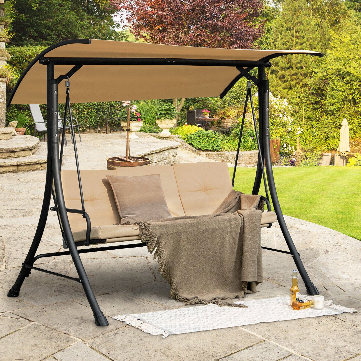 3-Seat Outdoor Porch Swing with Adjustable Canopy and Padded Cushions-Beige Kids Crystal