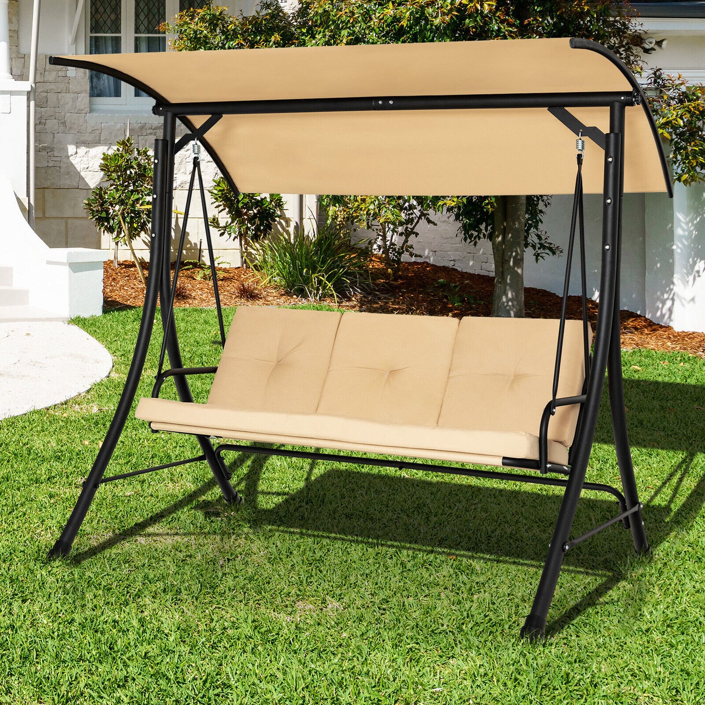 3-Seat Outdoor Porch Swing with Adjustable Canopy and Padded Cushions-Beige Kids Crystal