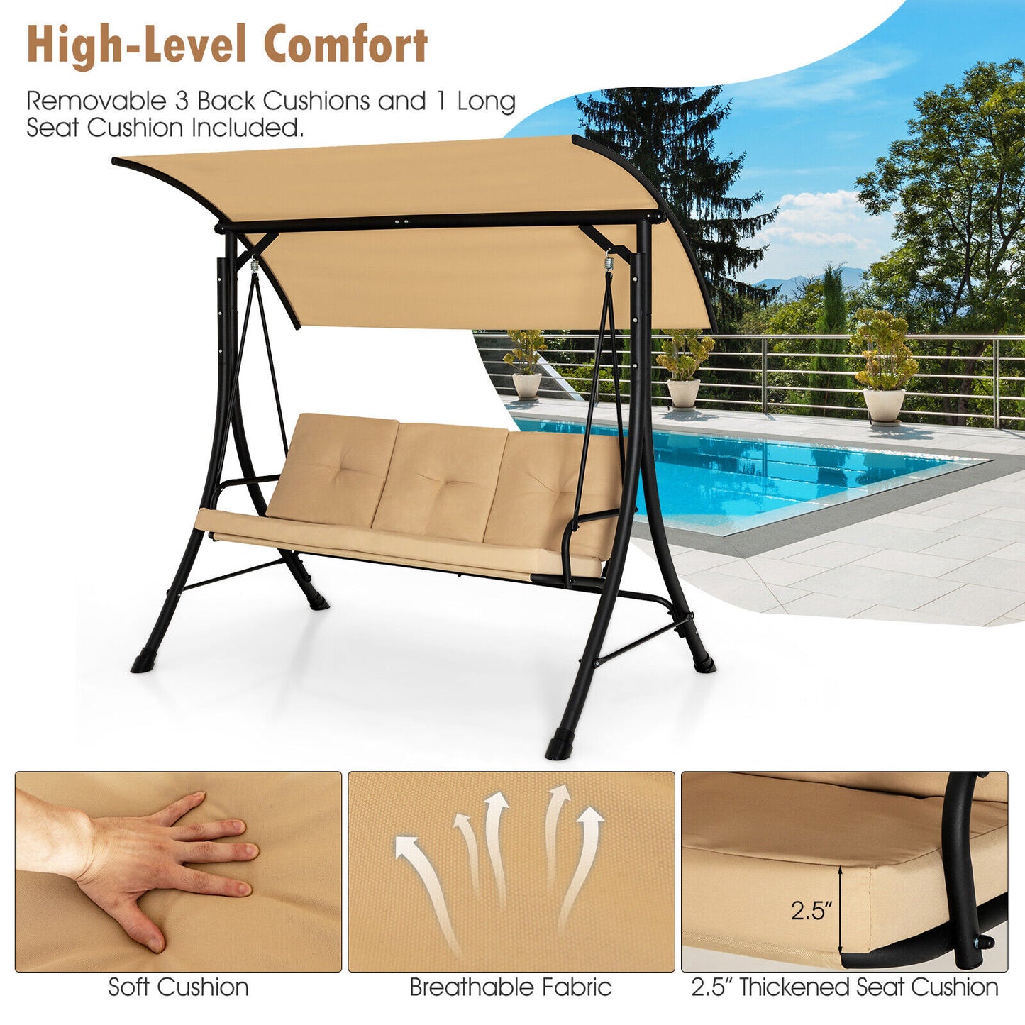 3-Seat Outdoor Porch Swing with Adjustable Canopy and Padded Cushions-Beige Kids Crystal