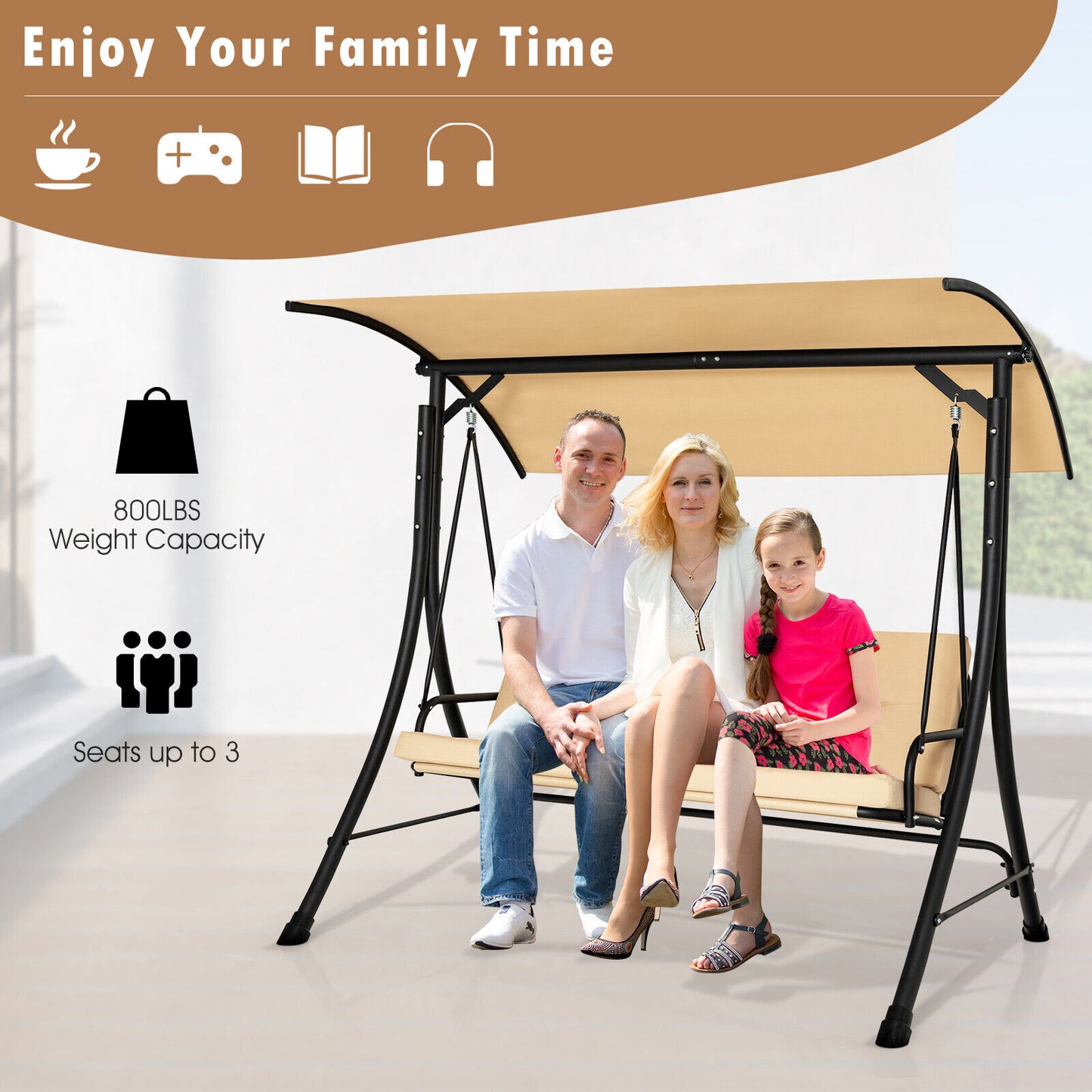 3-Seat Outdoor Porch Swing with Adjustable Canopy and Padded Cushions-Beige Kids Crystal