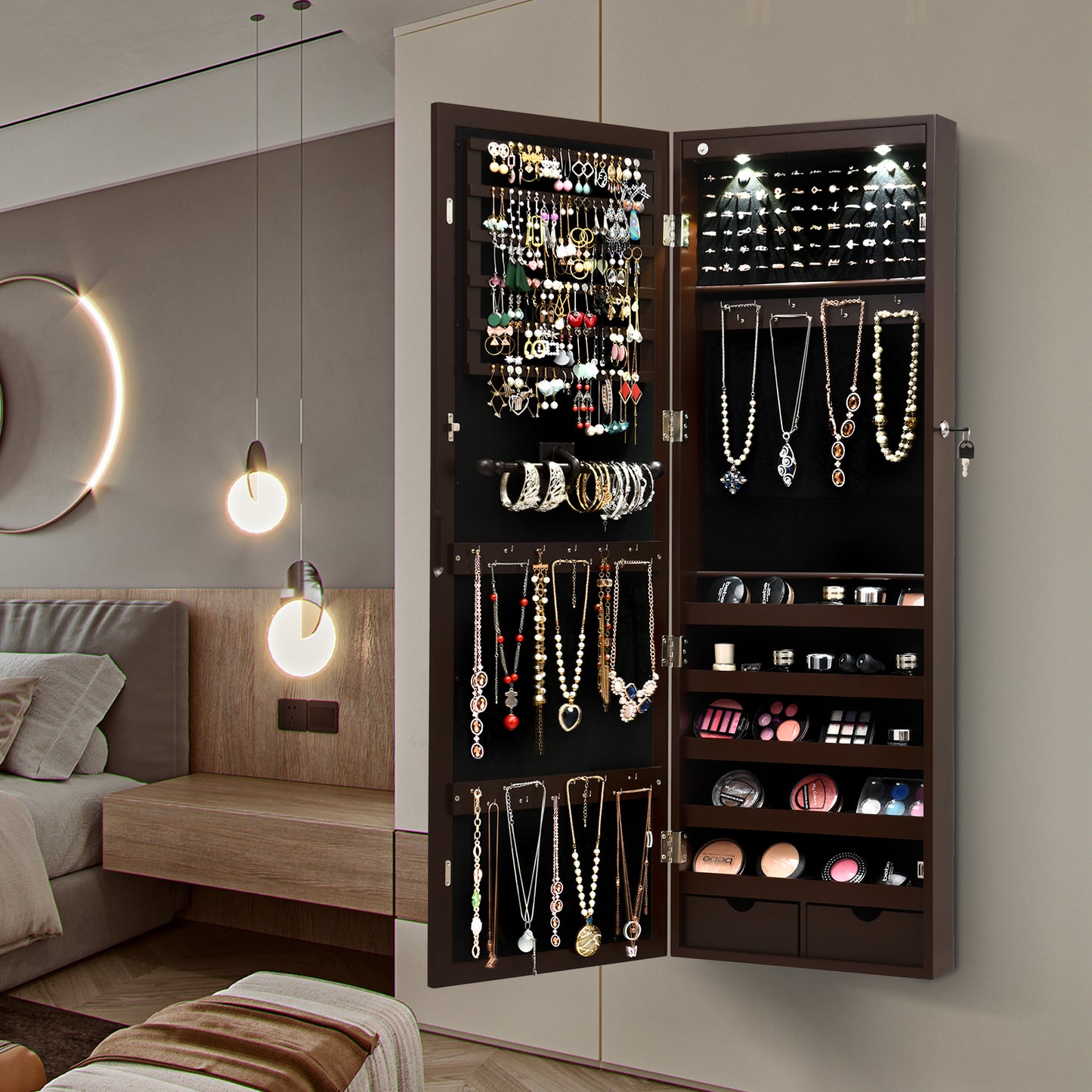 Lockable Wall Mount Mirrored Jewelry Cabinet with LED Lights-Brown Kids Crystal